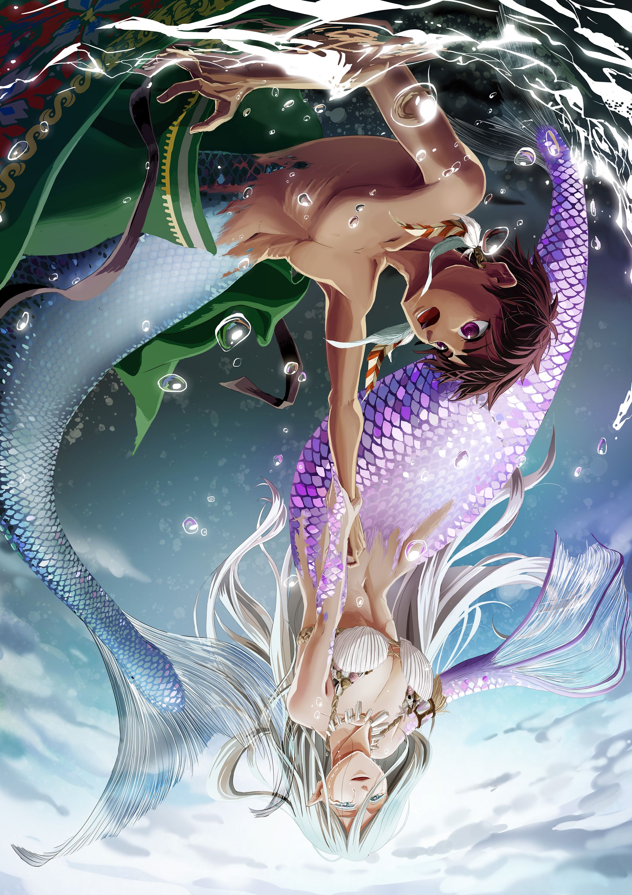 人魚の男の子と女性のイラスト-1