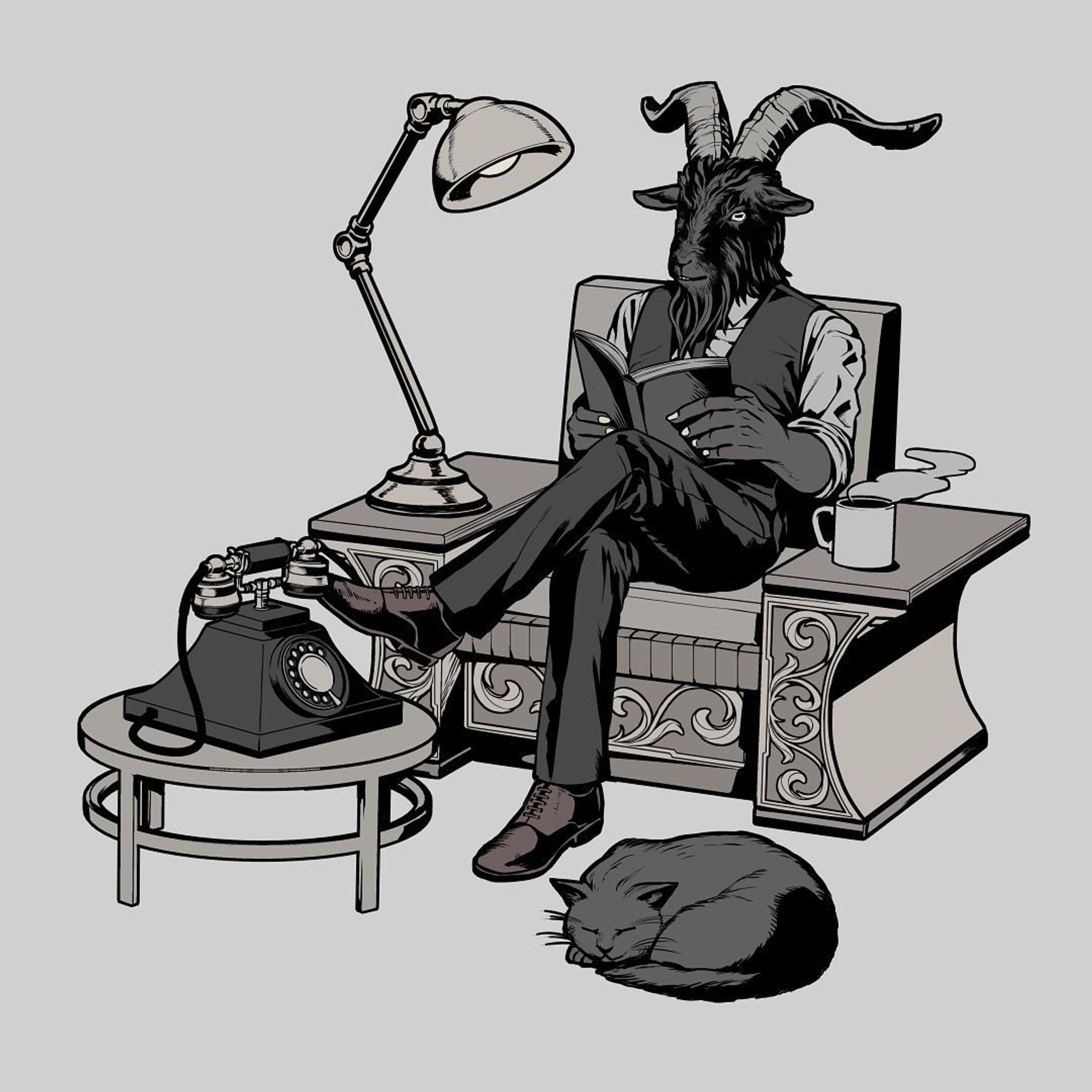 A goat man is reading a book with a cup of coffee. (and his cat)😈🐐📖　#illustration #originalcharacter #myart #devil #cat 
I also made some products of this art. please see link in my bio if you like!-1