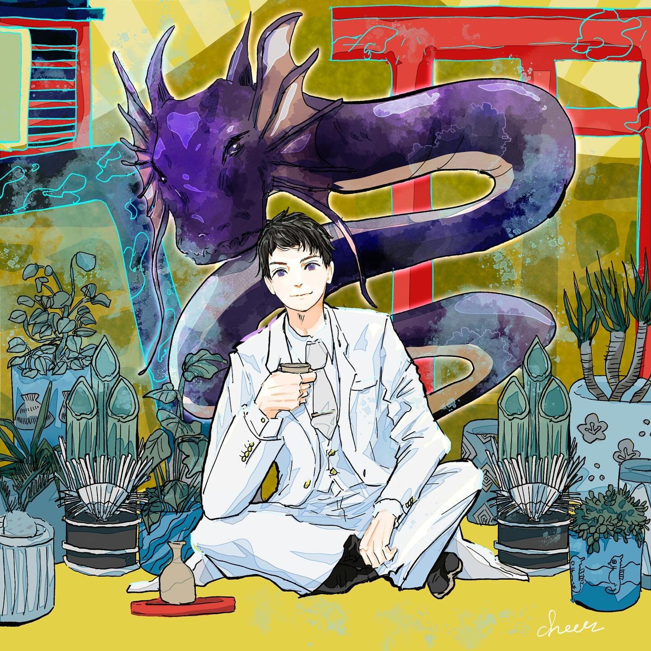 お酒は20歳になってから🍶🐉
御成人おめでとうございます。

この辰は蜃(しん)という伝説の生き物。
余談だがわたしは伝説とか幻とかそう言った言葉に弱い。
こちらは12日から始まるviva!!JAPANにて取り扱いを開始いたします。
応援お願いいたします🙇‍♀️✨

#vivajapan #cooljapan #kawaiiart 
#日常と非日常 #ドラマみたいな絵が描きたい 

#新年 #辰 #龍 #伝説 #生き物 #まぼろし #かっこいい #ドラゴン #お酒 #成人 #白スーツ #はれのひ 
#メンズイラスト #楼閣 #植物 #めでたい #comingofageday #男性イラスト #短髪男子 #爽やか-1