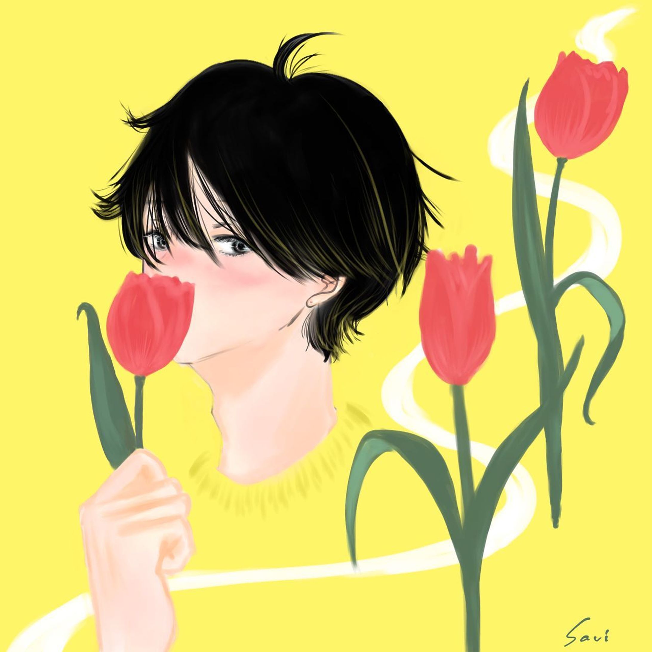 春が来た𓈒𓂃𓈒𓂃

暖かくなってきて春の花が続々と
咲き出しましたね。目が幸せ！

と言う事で、今回から3投稿は
『花と男子』をテーマに。
あといつも頼りにしているふんわり水彩ペンを
お休みして…厚塗り風←の練習を
頑張ってみようと思います。

夜中塗り塗りしていたら、
無心になって楽しかったです。
（現実逃避とも言いますが🥺）

黄色を使ったらちょっとレトロっぽく
なったような気がして。
髪色も迷いに迷ったけど、
結局黒色に落ち着きました。
そしてやっぱり好きな照れ顔男子。

好きを詰め込んで描くのは楽しいですね…！

ほんとはおまけ漫画も付けたかったのですが、
春は意外と早く過ぎてしまうので…
3投稿頑張ります！（謎の自分の決まり事）

ではでは
沢山の中から見つけてくださり有難うございます🌷𓈒𓂃𓈒𓂃
春はソワソワしますが、花を愛でて頑張りましょう。

#チューリップ 🌷
#花が好きな人 
#春が来たね 
#春のイラスト 
#illustration 
#創作イラスト
#男の子イラスト 
#創作男子 
#男子イラスト 
#照れ顔男子 
#レトロな色合い 
#創作男子イラスト 
#男性イラスト 
#男の子を描くのが好き 
#絵描きさんと繋がりたい 
#イラスト好きな人と繋がりたい 
#イラスト
#漫画好きな人と繋がりたい 
#軽美術部 
#軽美術部のみんなでフォローし合おう 

#anipiccom 
#anipraillustration 
#creatorsfile 

@keivi.jp
@creatorsfile 
#potofu-1