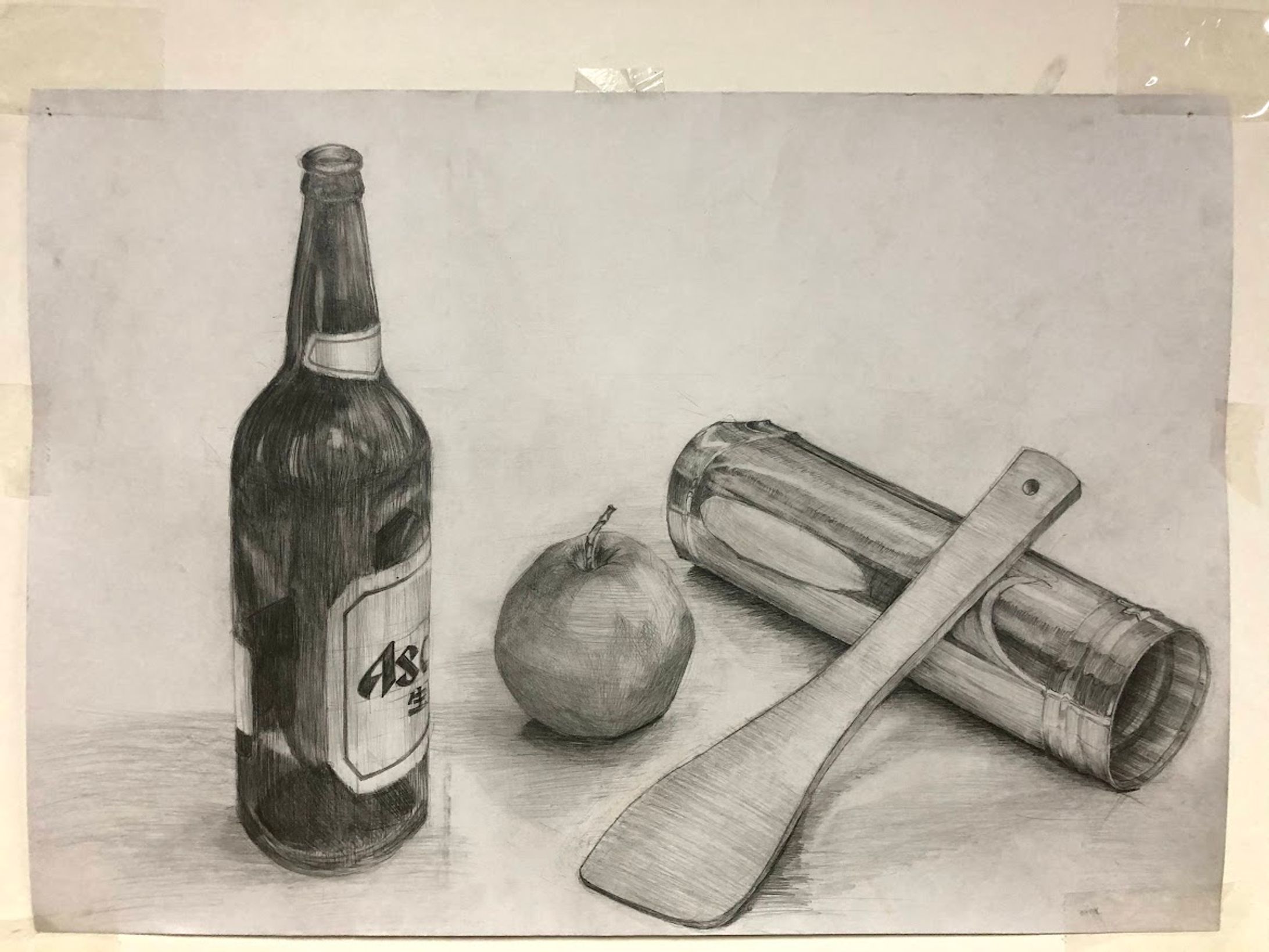 デッサン　静物画　ビン・洋ナシ・木べら・金属筒-1