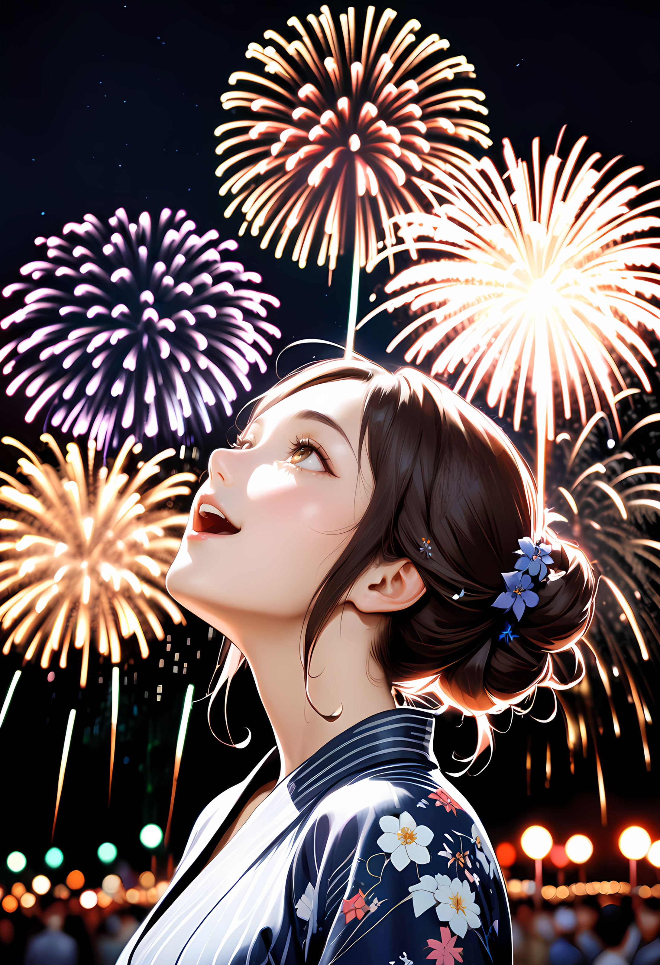 65「打ち上げ花火を見上げる和服女性」-1