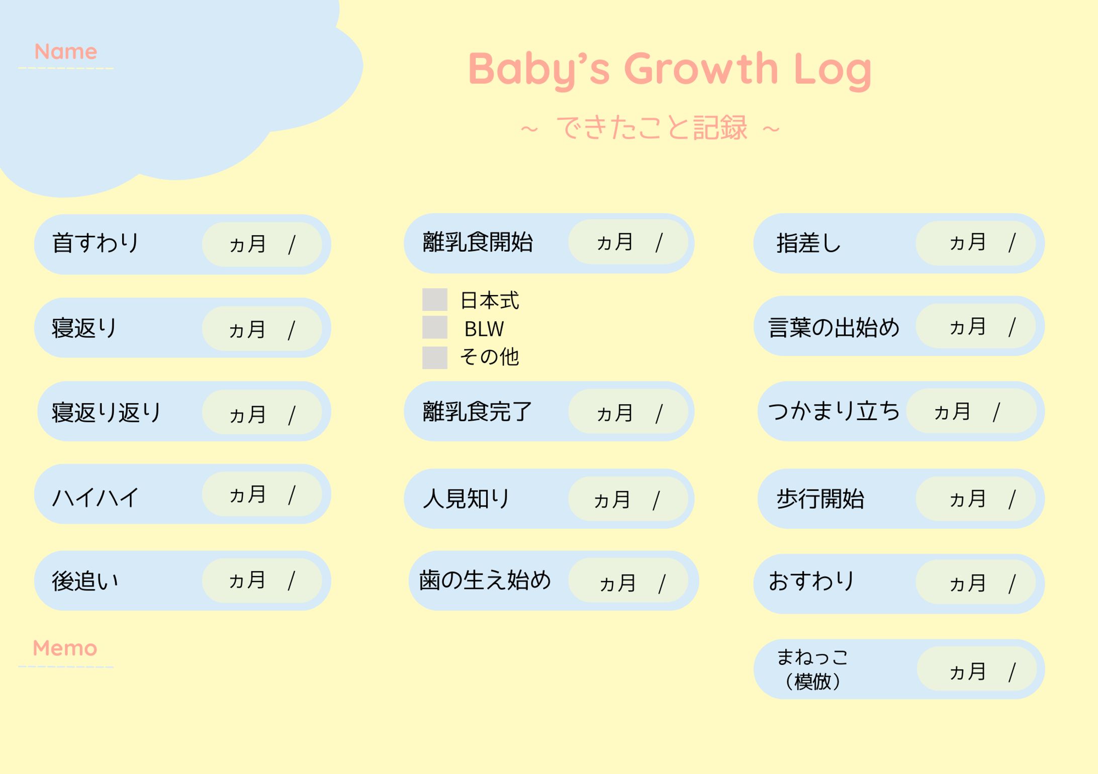 母子手帳に挟める「赤ちゃんの健診用・発達記録表」-1