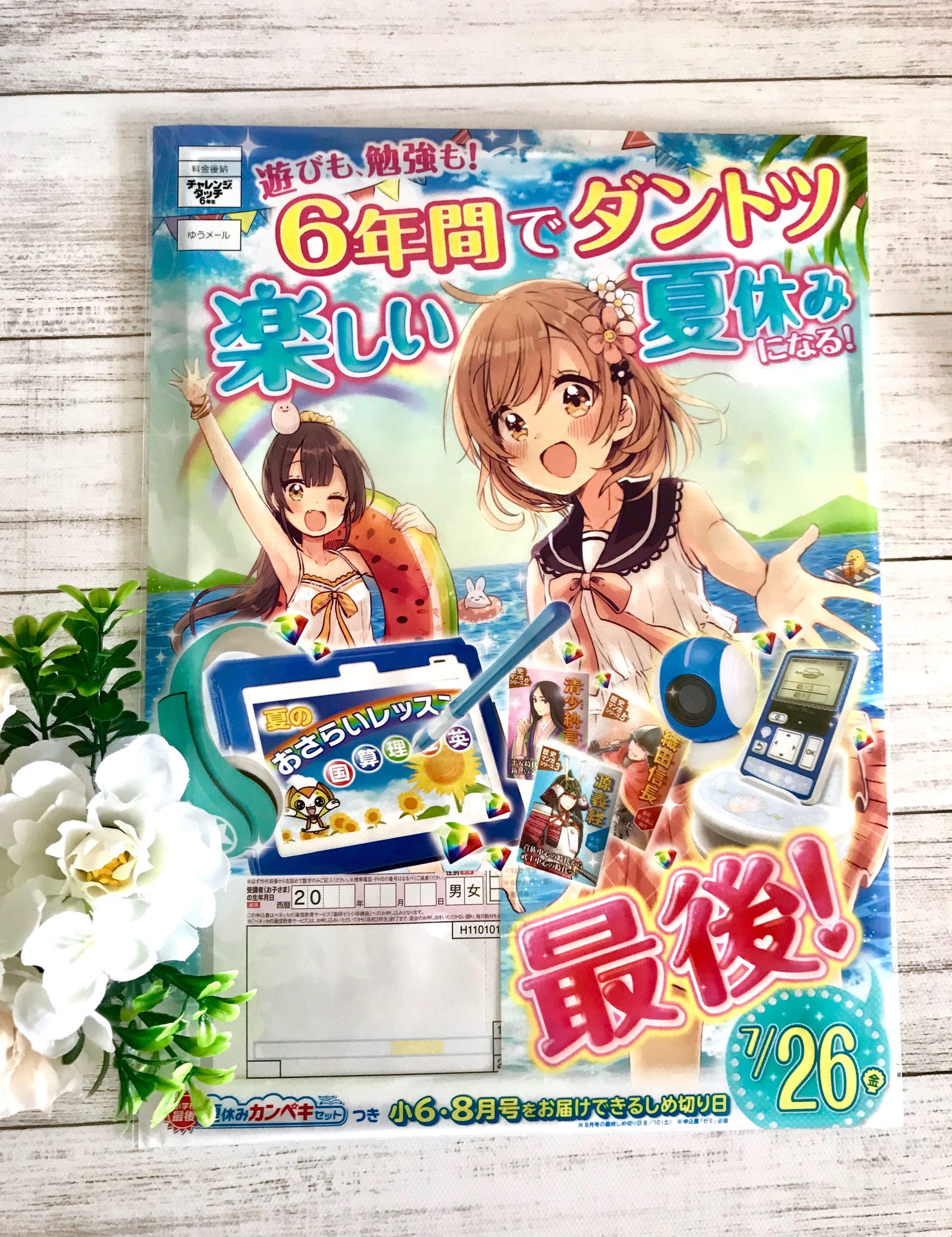 進研ゼミ小学講座『チャレンジ６年生』夏休みDMイラスト-1