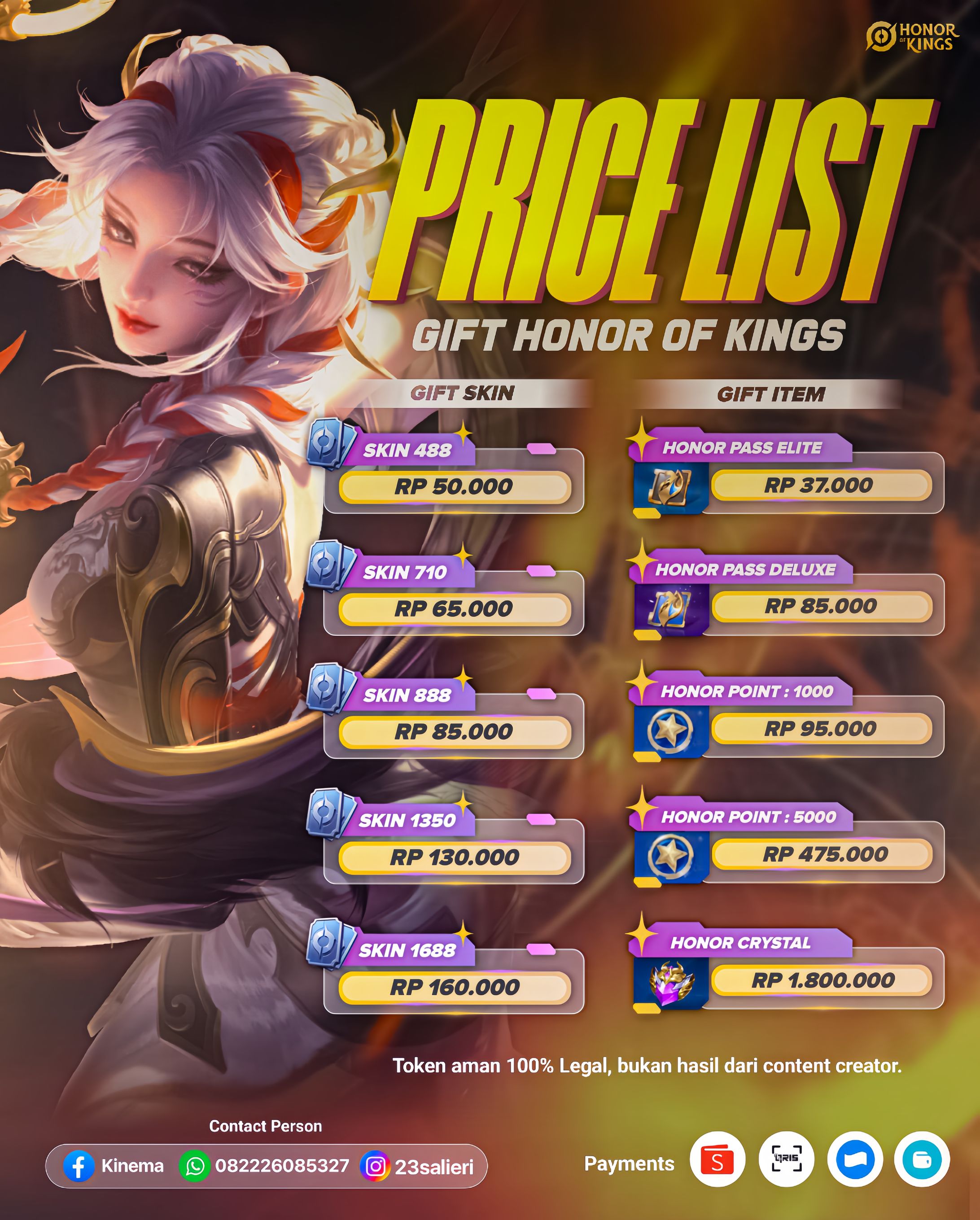 PRICE LIST GIFT SKIN & ITEM HONOR OF KINGS-1