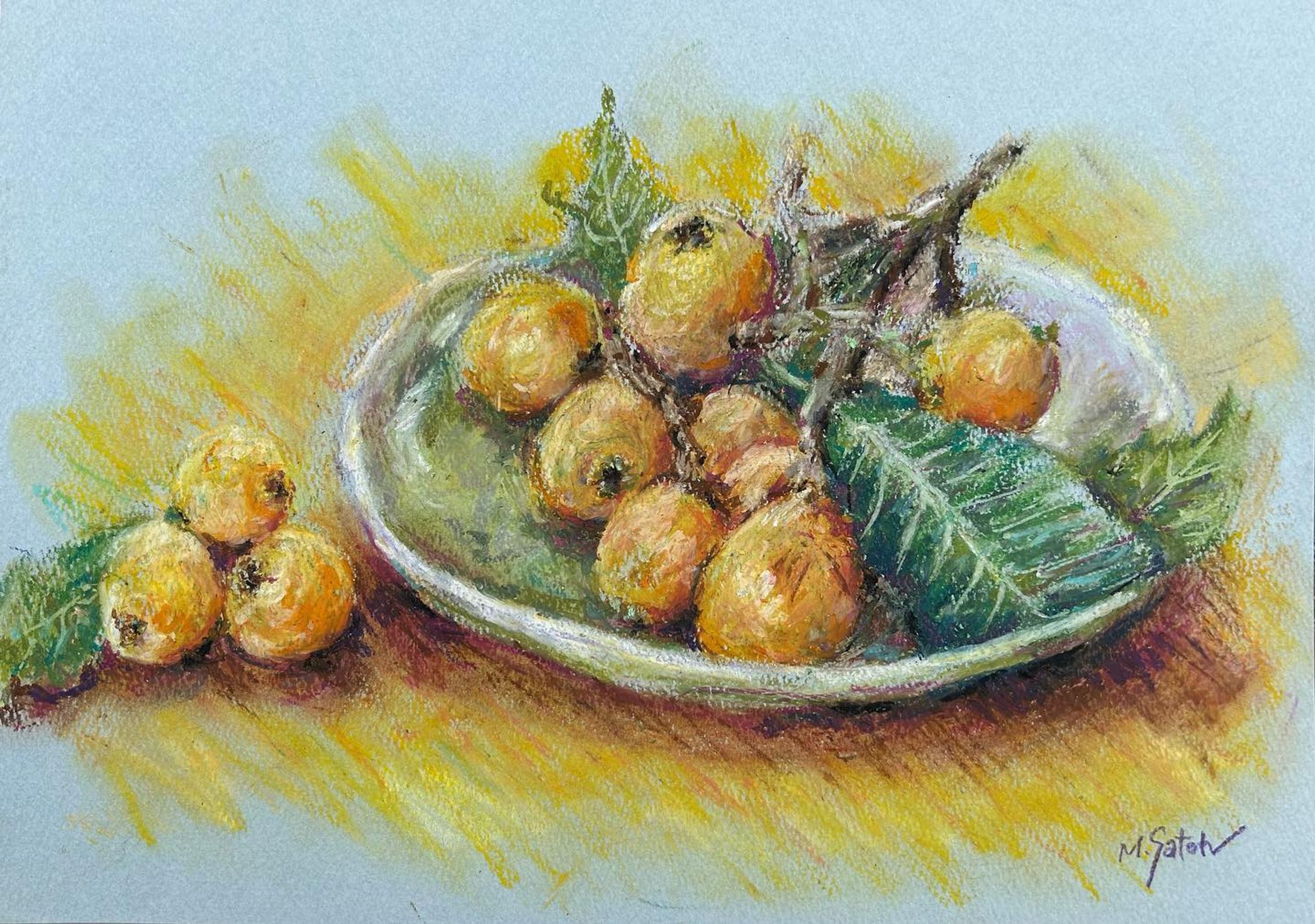 「枇杷」
オイルパステル　Museパステル紙　F4

#静物画 #枇杷 #びわ #果実の絵 #オイルパステル #stilllife #loquat #fruit  #oilpastel #biwa-1