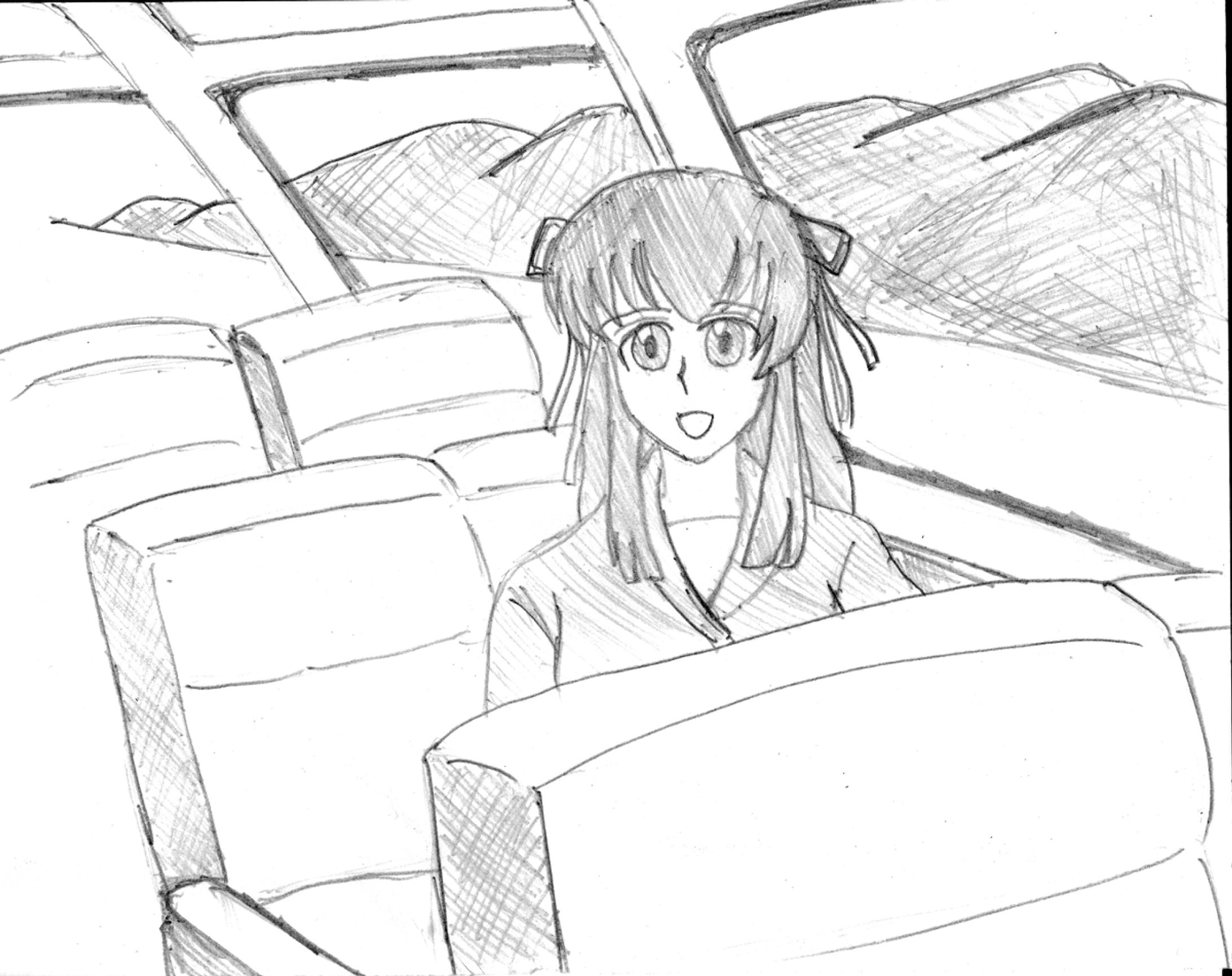 (Fanart)  (pencil drawing) Minagi on the panoramic train-1