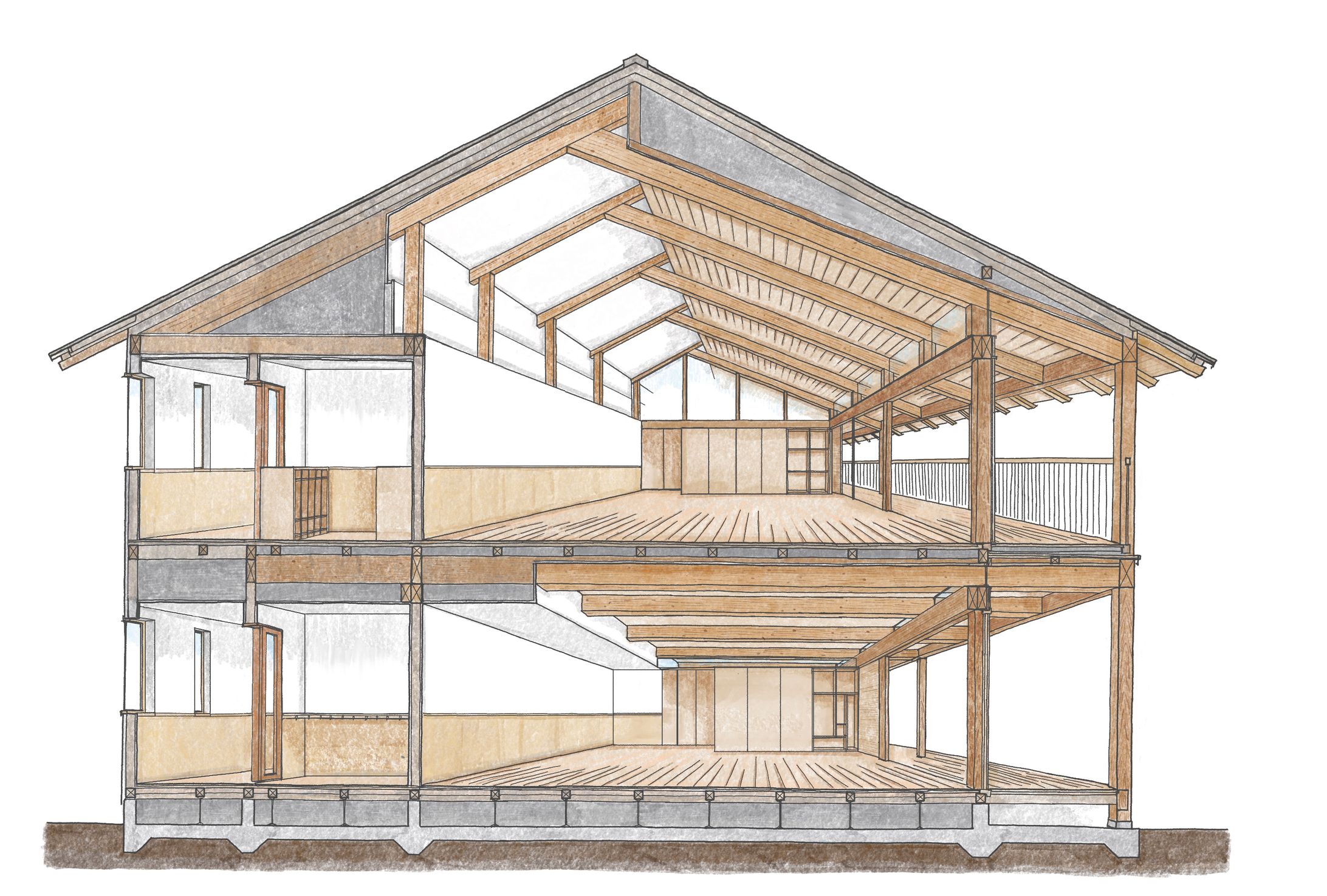 建築知識2022年6月号 くすの木保育園断面パース-1