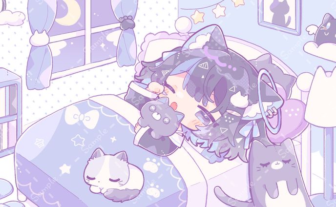 ミニキャライラスト、ねことあそぶ