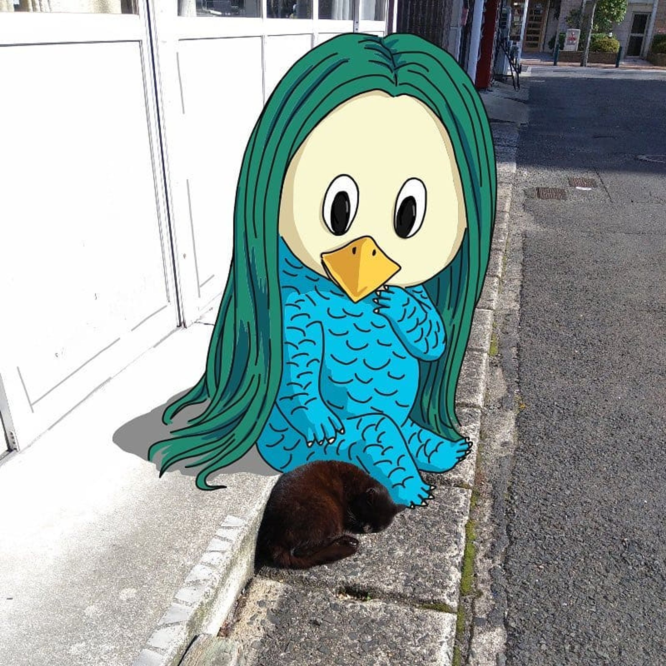【長崎アマビエ・シリーズ】
.
ねこ、気持ちよさそうけど、死んでないかな😲？
.
.
#CHEBLO #アマビエ散歩 #長崎 #illustration #illustrator #illustgram #妖怪 #アマビエ #illust #絵 #イラスト #イラストレーター #イラストレーション #ねこ#cat #黒猫 #街歩き #cheblocrafthouse-1