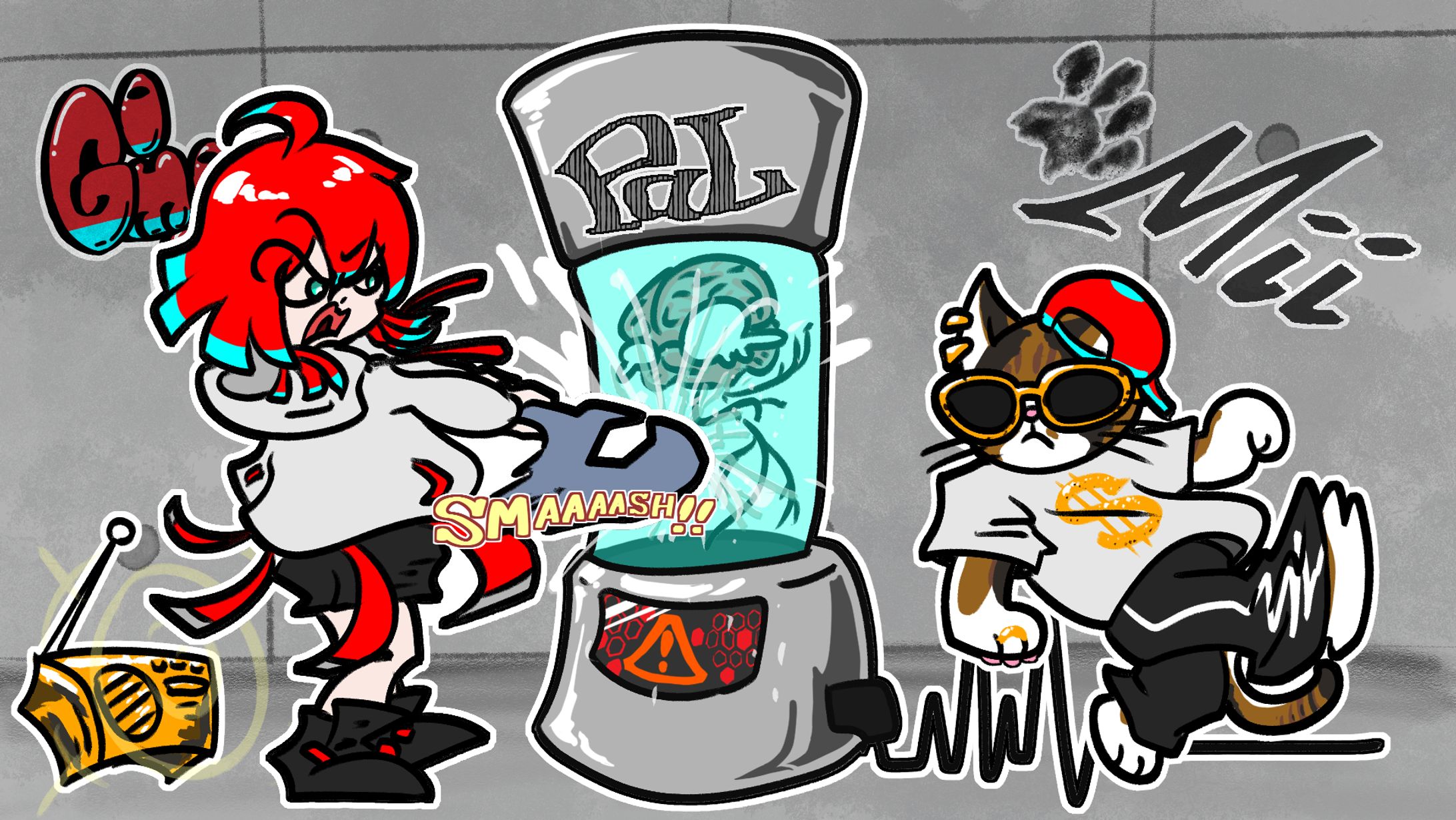 早く納品しろと言いながらレンチでぱるやまの水槽を叩き割るごももとその横でHIPHOPするみーちゃん-1