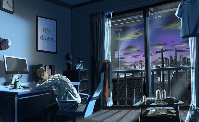 【イラスト】楽曲イメージアート「夜明け間際の部屋」