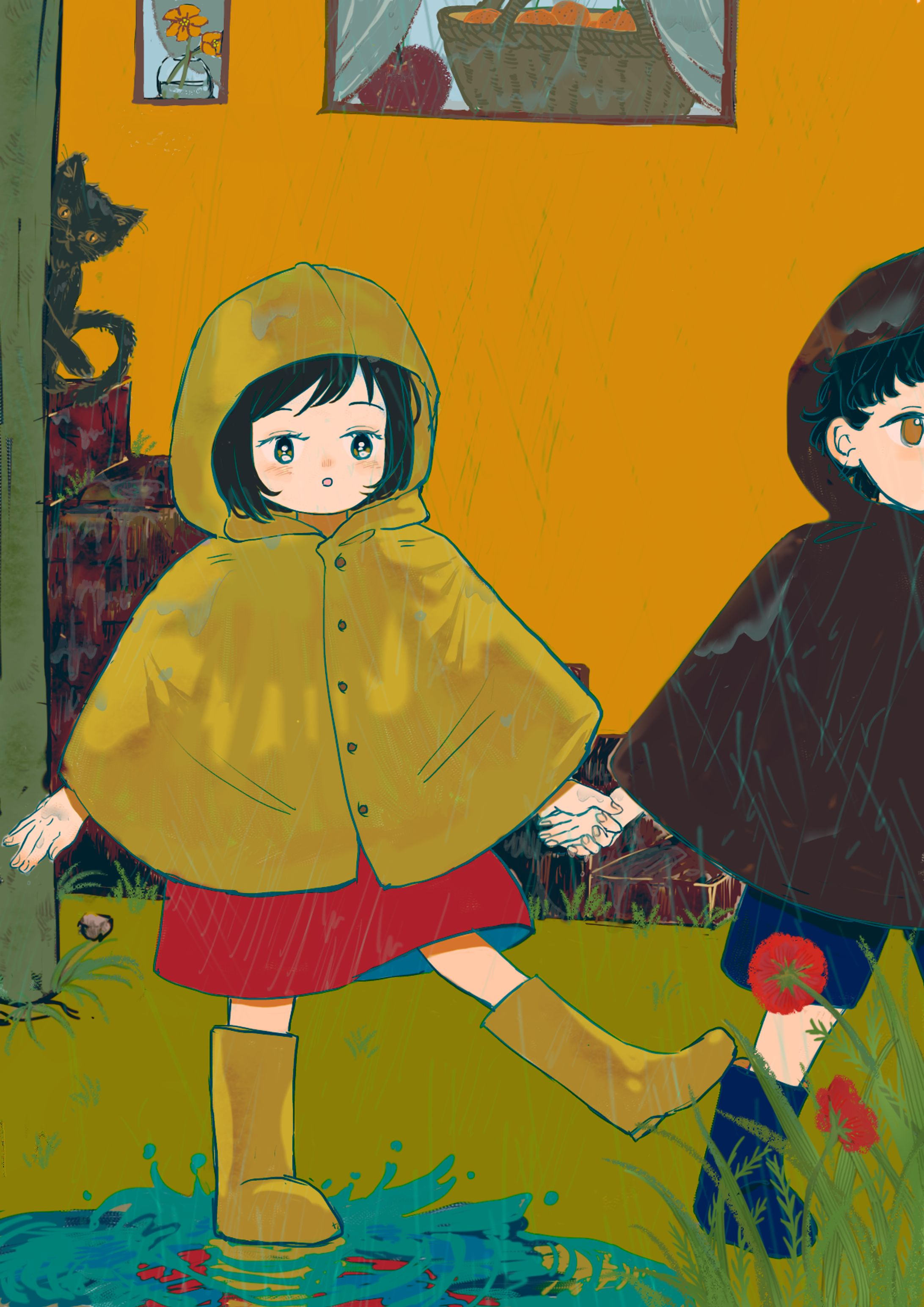 ​【季節・児童向け】雨の日のお散歩（かっぱの子供たち）-1