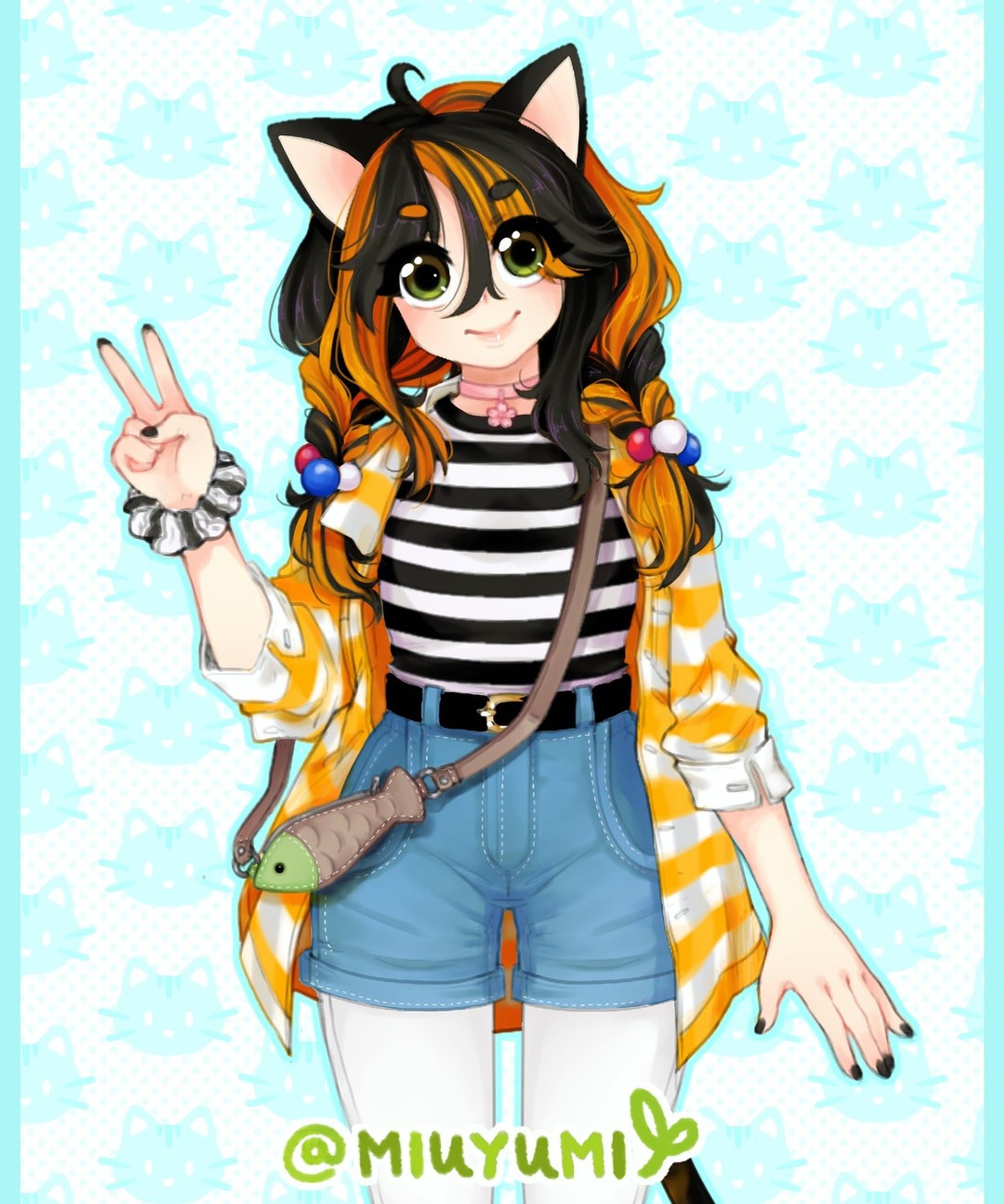 Challenged myself to turn my cat Bailey into an animu girl! 🌸

Her favorite toys were turned into accessories and I tried to represent her color pattern as best I could 😊

#characterdesign #cutegirl #kemonomimi #orangehair #blackhair #digitalartist #commissionsareopen #commissionsopen #digitalart #digitalartwork #digitaldrawing #smallartist #smallartists-1