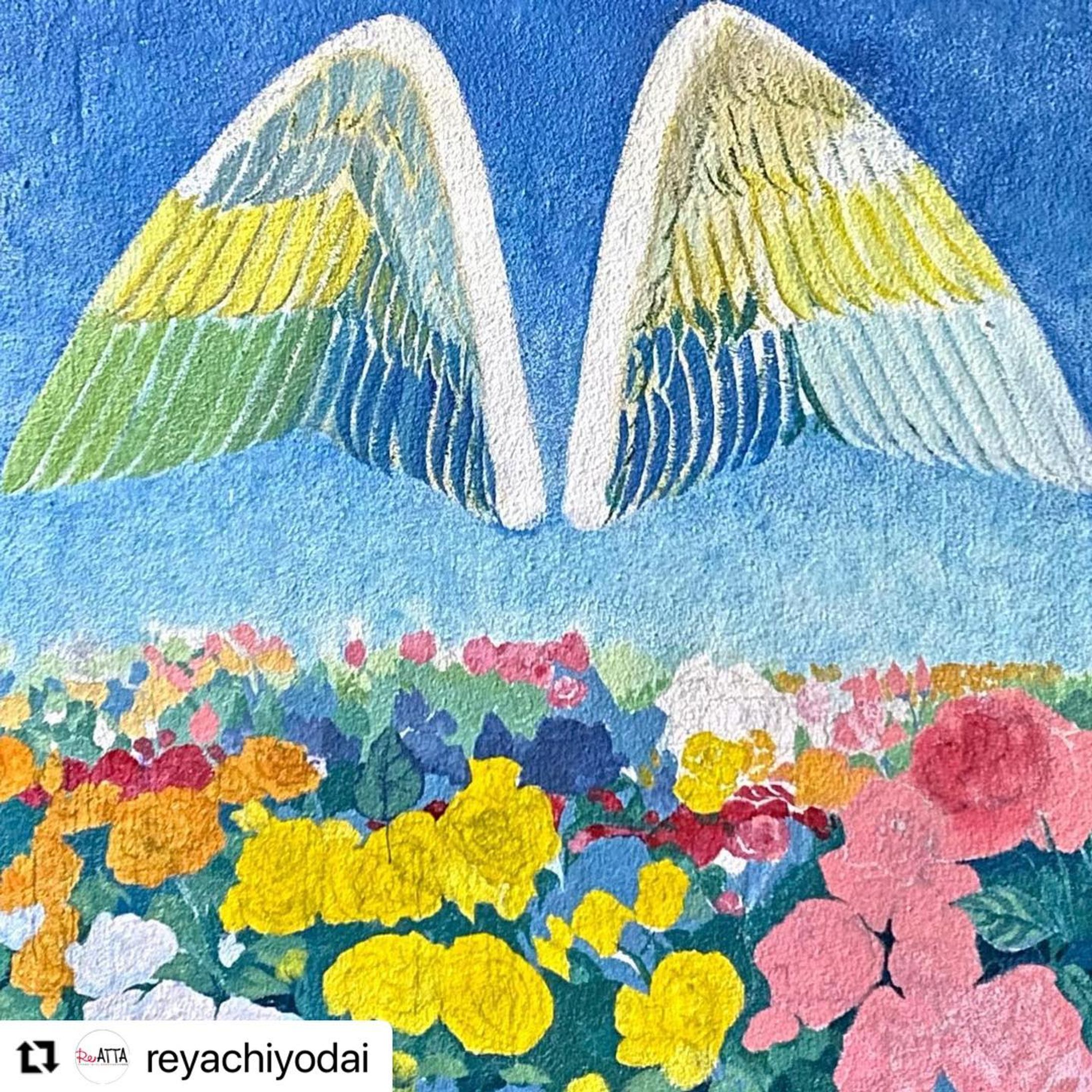 #Repost @reyachiyodai with @make_repost
・・・
こんにちは。
油彩作家のMiran @miranartworks です。

エンジェルウィングが進みました。

もう完成？と聞かれるのですが
まだです笑
大枠は固まっていますが
細かい詰めがまだまだですね。

とは言え、すでにこの羽たちを
高校生たちが写真を撮ってくれているよ、ということを聞き及んでおります。
ありがたい！

エンジェルウィングが普通の作品と違うのは、置かれている環境があり、全ての人に対してオープンである、というところです。

ちょっとややこしいことを書きましたが、エンジェルウィングのような作品は他の人たちが関わってくれることで完成になるんですよね。

なのでぜひ途中経過も含め
羽に絡んでみてくださいませ。

またこの羽用の　# を募集したいと思います。
何かいい#ないですかね？
ご提案お待ちしております。

次は明後日の木曜日に
晴れたら11：00-14：00予定で行こうと思います。

またね。
Miranでした。

#エンジェルウィング　#壁に描く　#八千代台　#yachiyo #八千代市　#miranrin #延々と続く 
#バラの絵　#羽の絵　
#reatta #artxcafe2021 #八千代で推し増し-1
