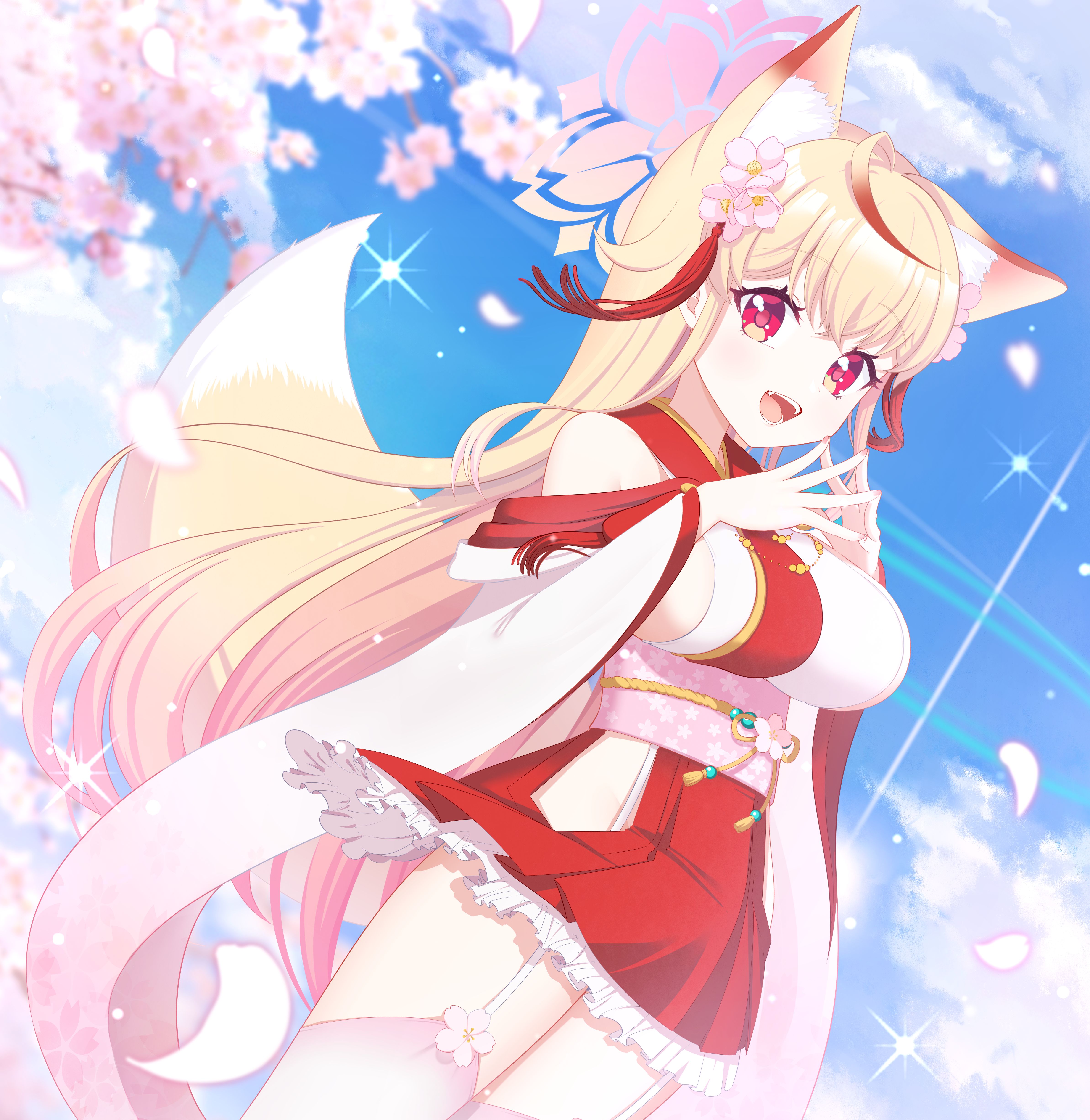 オリジナル手描きイラスト 『朧桜の狐』ラフ付 オリジナル 白狐巫女 - 狐巳夜のイラスト - pixiv