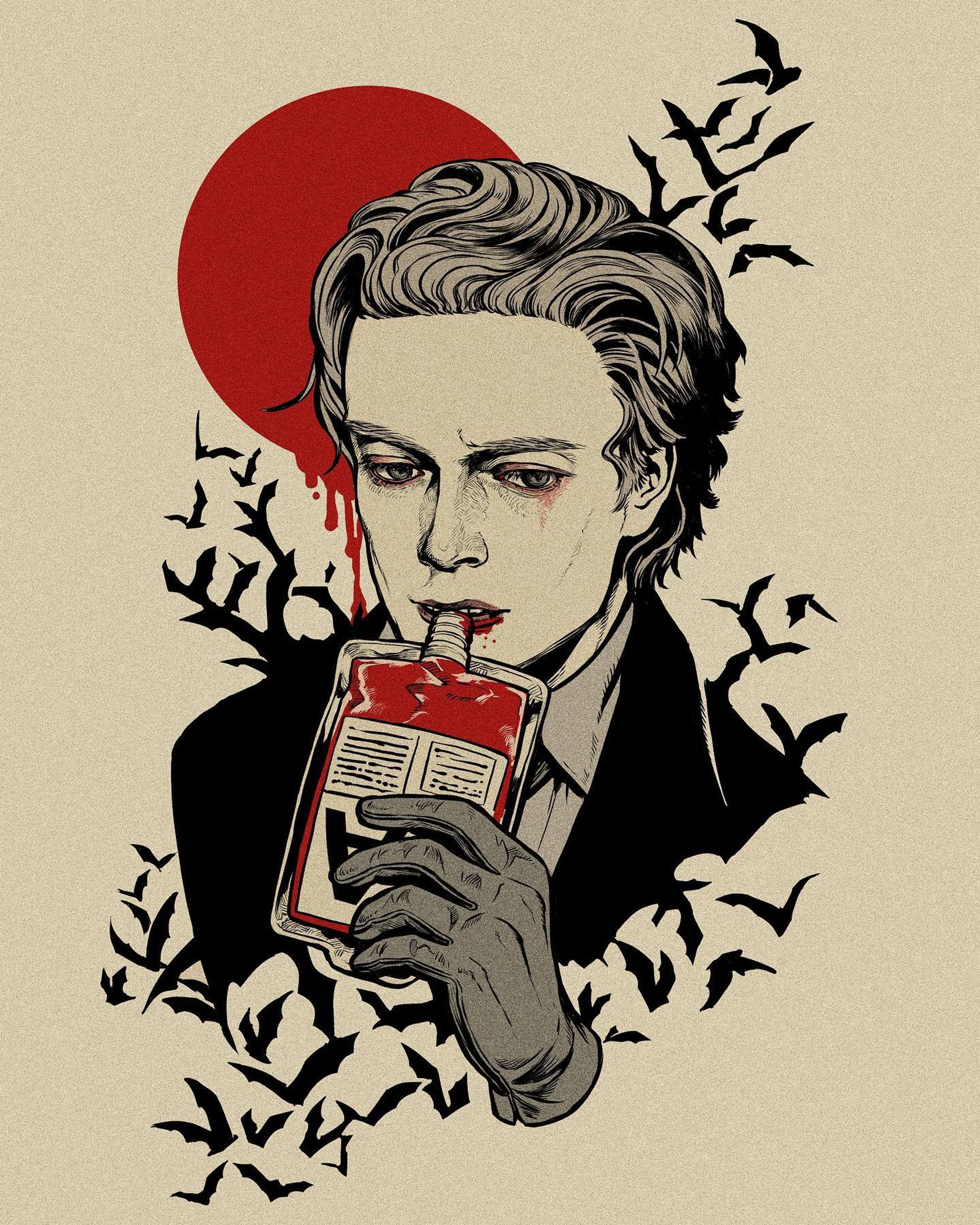 "Drink, blood type A"
.
#vampire #illustration #MyArtwork #originalart 
.
I love drawing vampires. recently I haven't been drawing such hobby illustrations. so I drew this as if a birthday gift for ME.-1