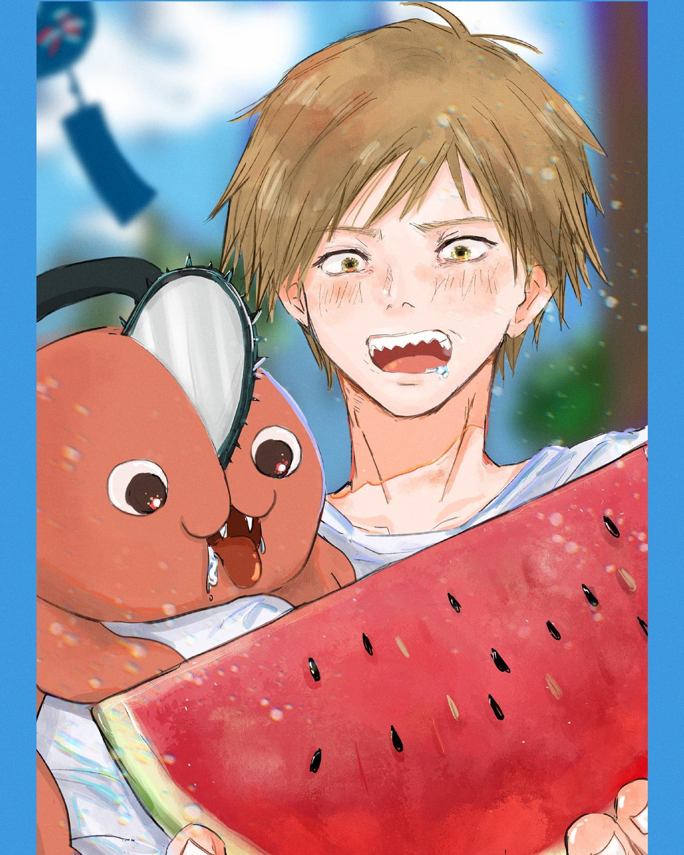 🍉🍉🍉😳🤤
　
夏らしいこと描きたいなぁ、、と思ってたら、いつのまにかポチタとデンジが一緒に夏らしいことして欲しいなってなって描きました。早川家にも夏らしいことして欲しい。

オリジナル絵を何枚か描いた後、二次創作描きたくなって数枚描いて、またオリジナル絵を描きたくなる現象があるのですが、私だけでしょうか、、。統一したいのに気分屋で申し訳ないです😂

備考:以前にリクエスト募集した際に風鈴というお題いただいてまだ描いていませんでした。少しだけ背景に織り交ぜたのですが不完全燃焼です、。リベンジしますっ！！

#チェンソーマン
#デンジ
#ポチタ
#chainsawman
#スイカ
#イラスト
#illustration
#anime
#animeart 
#絵が好きな人と繋がりたい 
#アニメ好きな人と繋がりたい 
#デンジ
#ポチタ-1