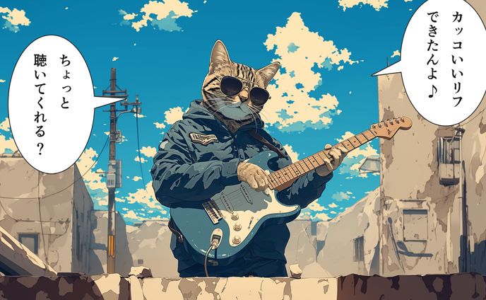 作曲中の野良猫ロック師匠