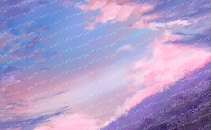 夕暮れの空と花畑　背景イラスト