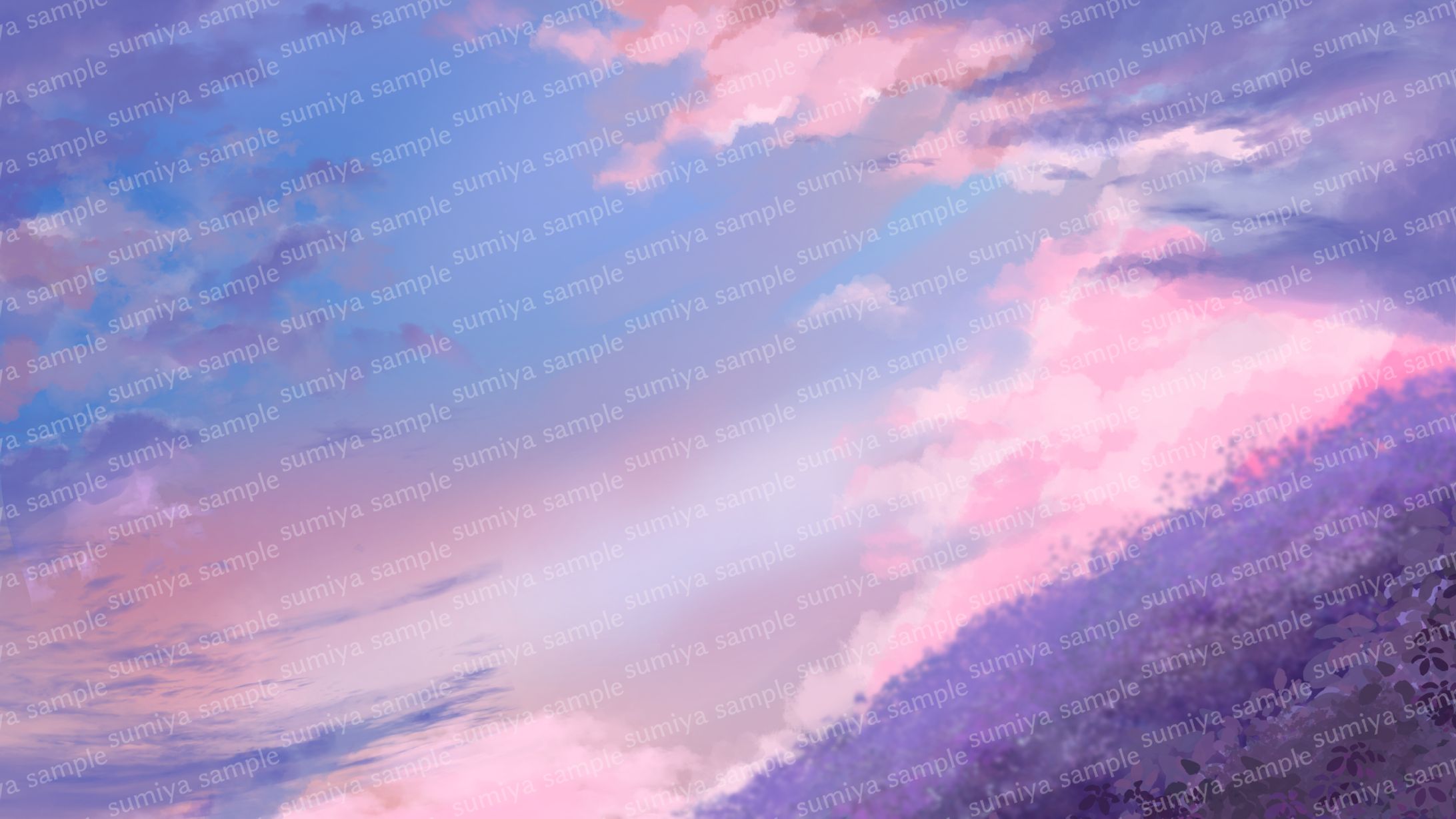 夕暮れの空と花畑　背景イラスト-1