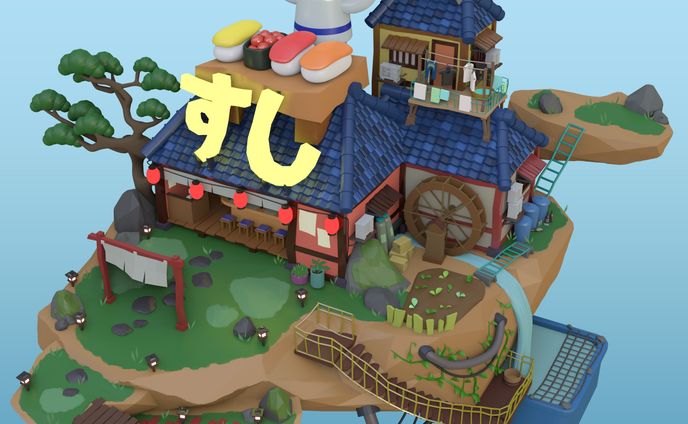 3DCG  空に浮かぶお寿司屋さん