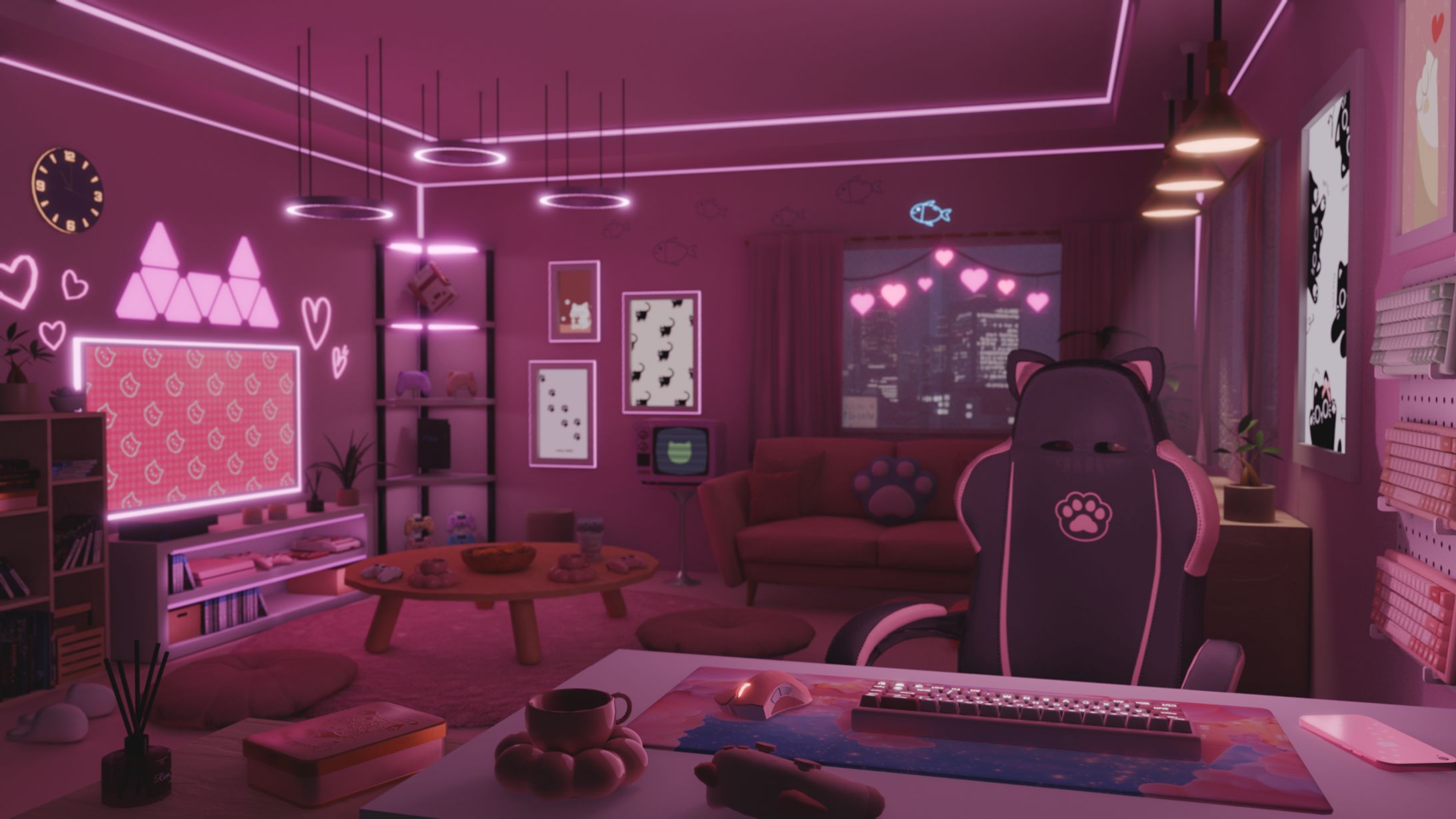 ネコとゲーム部屋　夜Ver-1