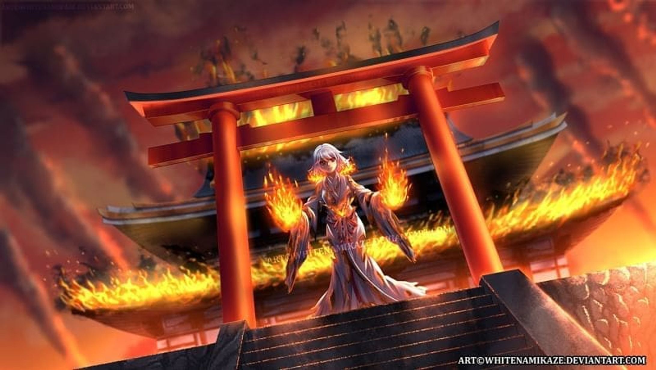 Commission for arandomblaze

the Character name in this illustration is Blaze

Blazes first form of transformation, referred to in chant as "Purifying Maiden".

When channeling the divine bird inside her main temple, the two souls combine and reform Blaze into a greater achievement of purity.

"The dress was completely white; So she is the stainless maiden."
"She burned away our fears, agony and burdens; So she is the stainless maiden."
"When temples was fill with malevolence, she ignites it all ablaze; So she is the stainless maiden."
"We offered her our prayers, and she granted our wish of purity; So she is our stainless maiden."
"As our burden dirties her suit, she burns away the blemishes; So she remains the stainless maiden."
"And when all turn to ash around: All that's left is a single, stainless, Maiden."
--Prayer chant of guilt resolution. Phoenix rendition.

Although it is Blaze's body, her powers are enhanced by the divine bird sharing it. This would suggest in this form it is neither Blaze nor the bird in control, but the truth is always a mystery when it comes to Suppression Shells. Speaking on the topic, Suppression and Repression are two very different words and meanings, and knowing it's difference is all the more important.

DeviantArt : http://fav.me/877168975

Pixiv : https://www.pixiv.net/en/artworks/89317130

COMMISSION OPEN : http://fav.me/d8qyc2q

#Digital2D #Illustration #EnvironmentalConceptArtDesign #AnimeManga #Anime #digital #commissionopen #whitenamikaze #artcommission2020 #background #originalcharacter #pretty #cellshade #fog #fantasy #magic #firemage #shrinemaiden #miko #kimono #whitehair #fire #burning #shrine #temple #torii #stairs #orangesky-1