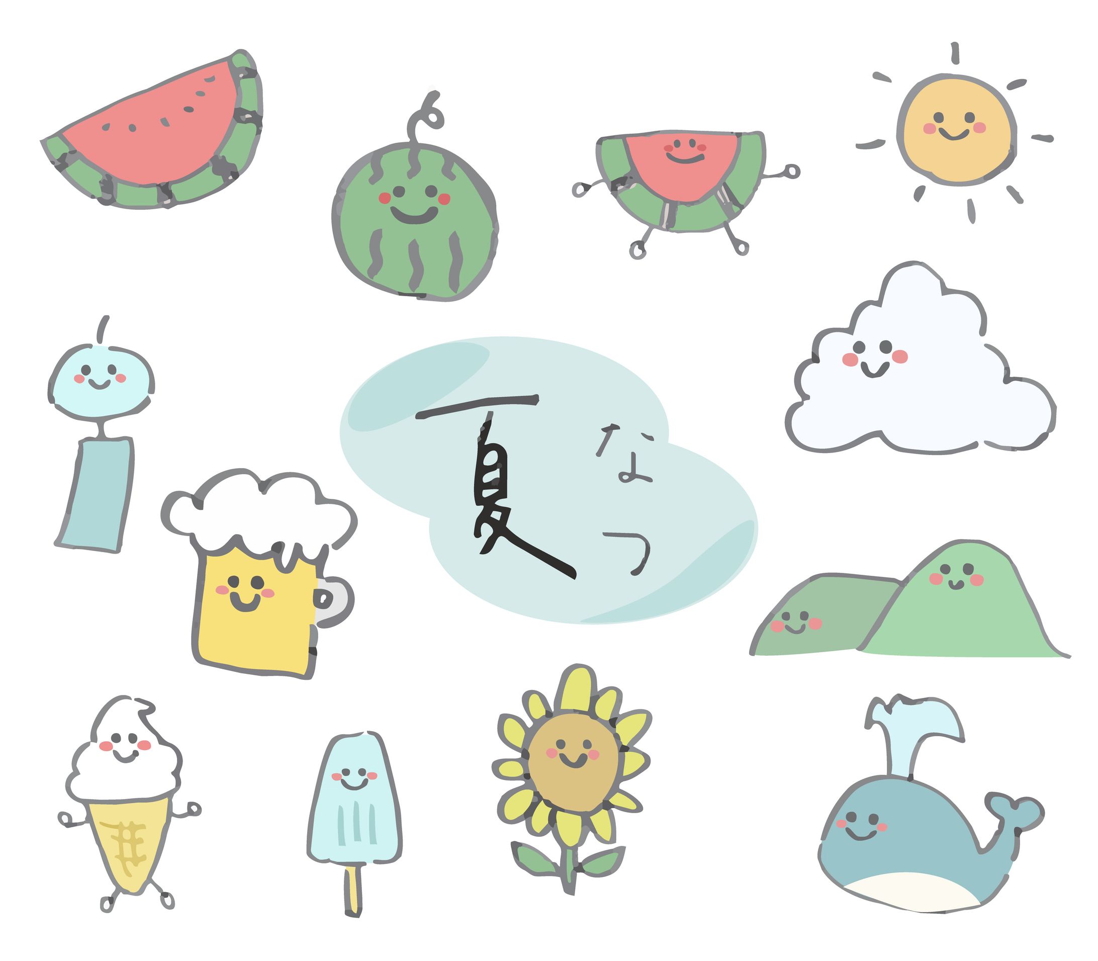 ゆる手描きの夏のイラストセット-1