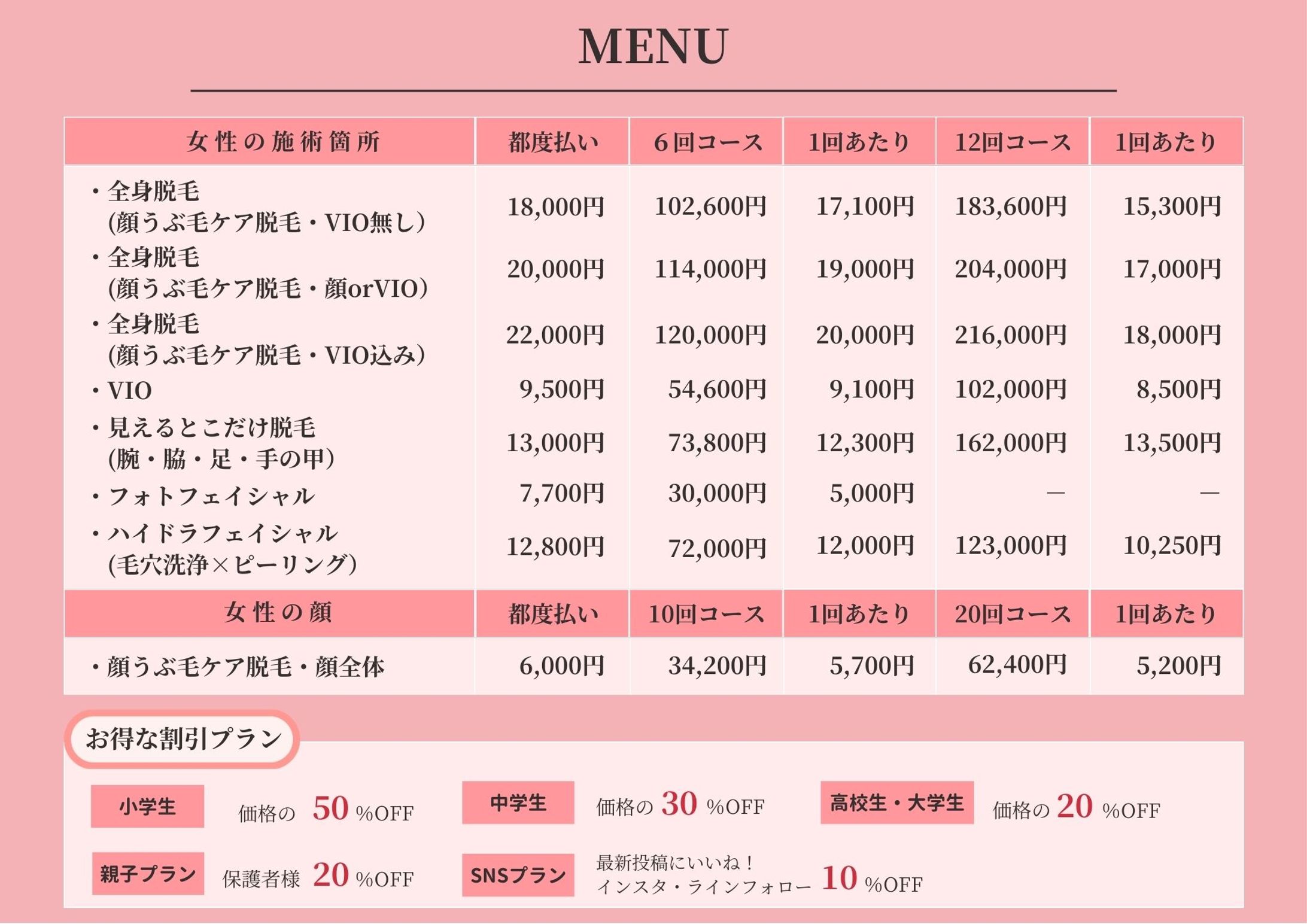 脱毛サロンメニュー表-1