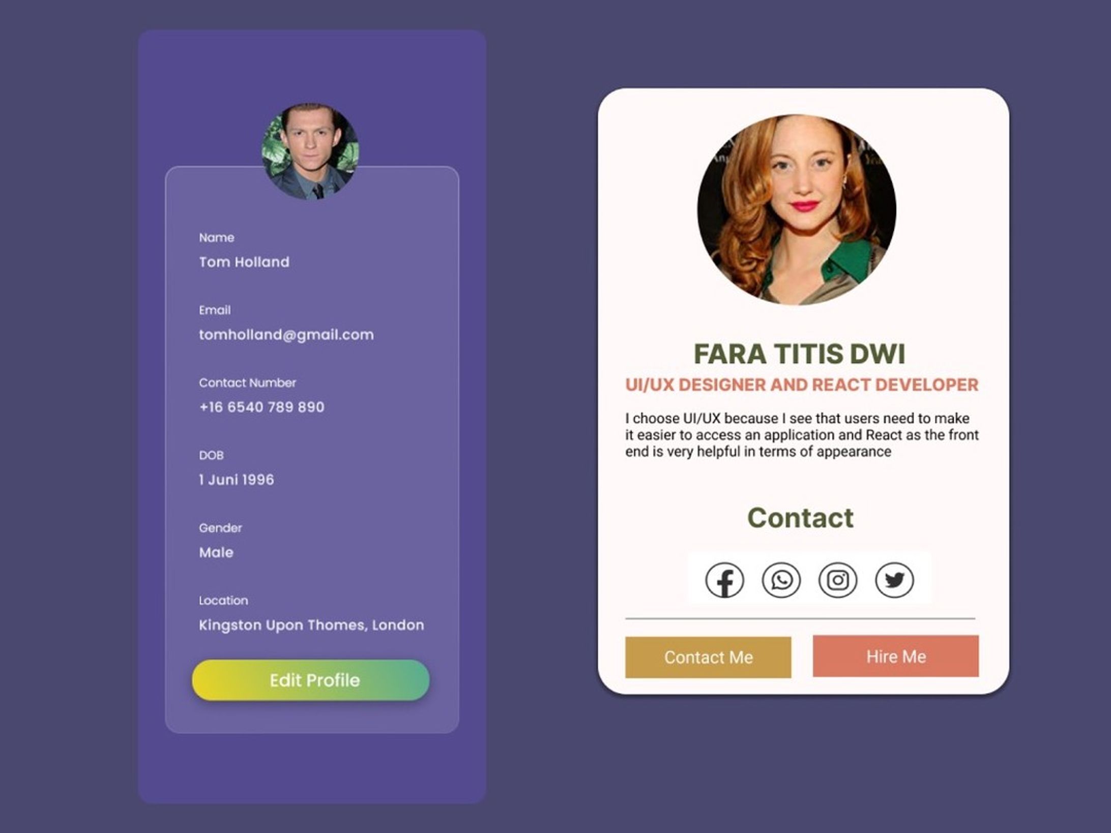 I have challenge for improve skill in UI/UX Design from @dailyui.co and the task is to design a user profile and be mindful of the most important data, names, imagery, placement, etc. Is it for a serious profile or a social profile, so I make like this.

#dailyui #dailyuichallenge #uidesign #dailyuiday006-1