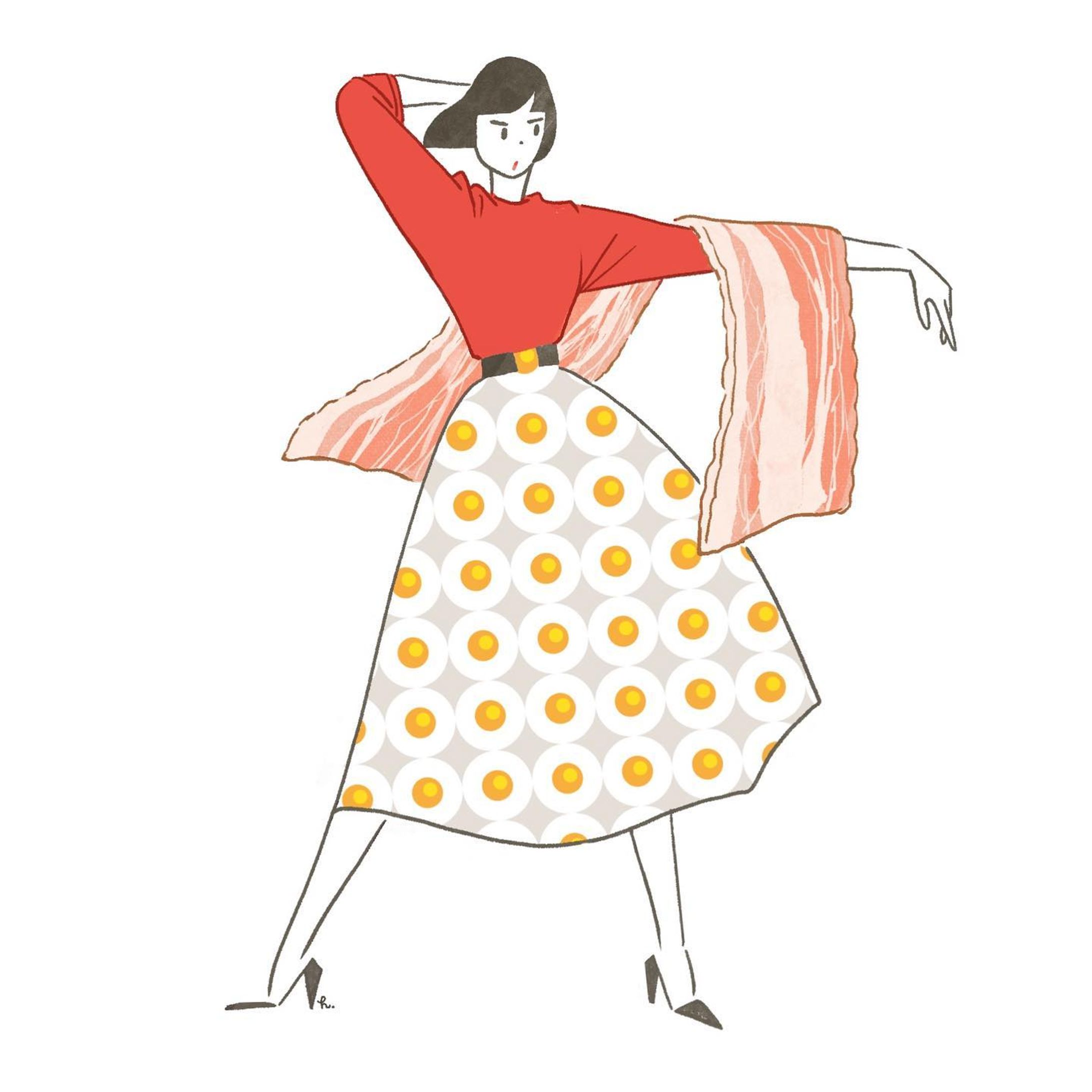 コードで書いた目玉焼き柄をイラストに組み込んでみたシリーズ。

コーディング難しいけどキッチリした模様描けるから楽しい！

#p5js 
#illustration 
#baconeggs 
#イラスト
#ベーコンエッグ-1