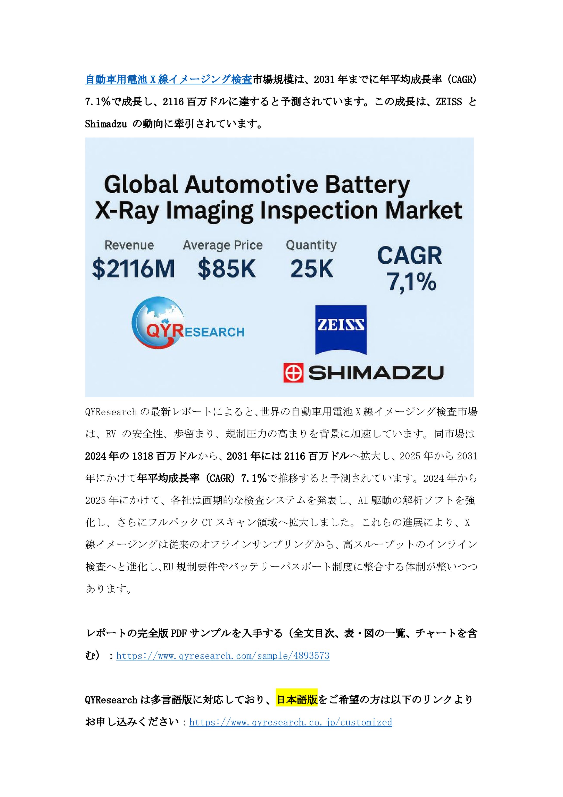 自動車用電池X線イメージング検査の世界市場調査レポート：規模、現状、予測2025-2031-1