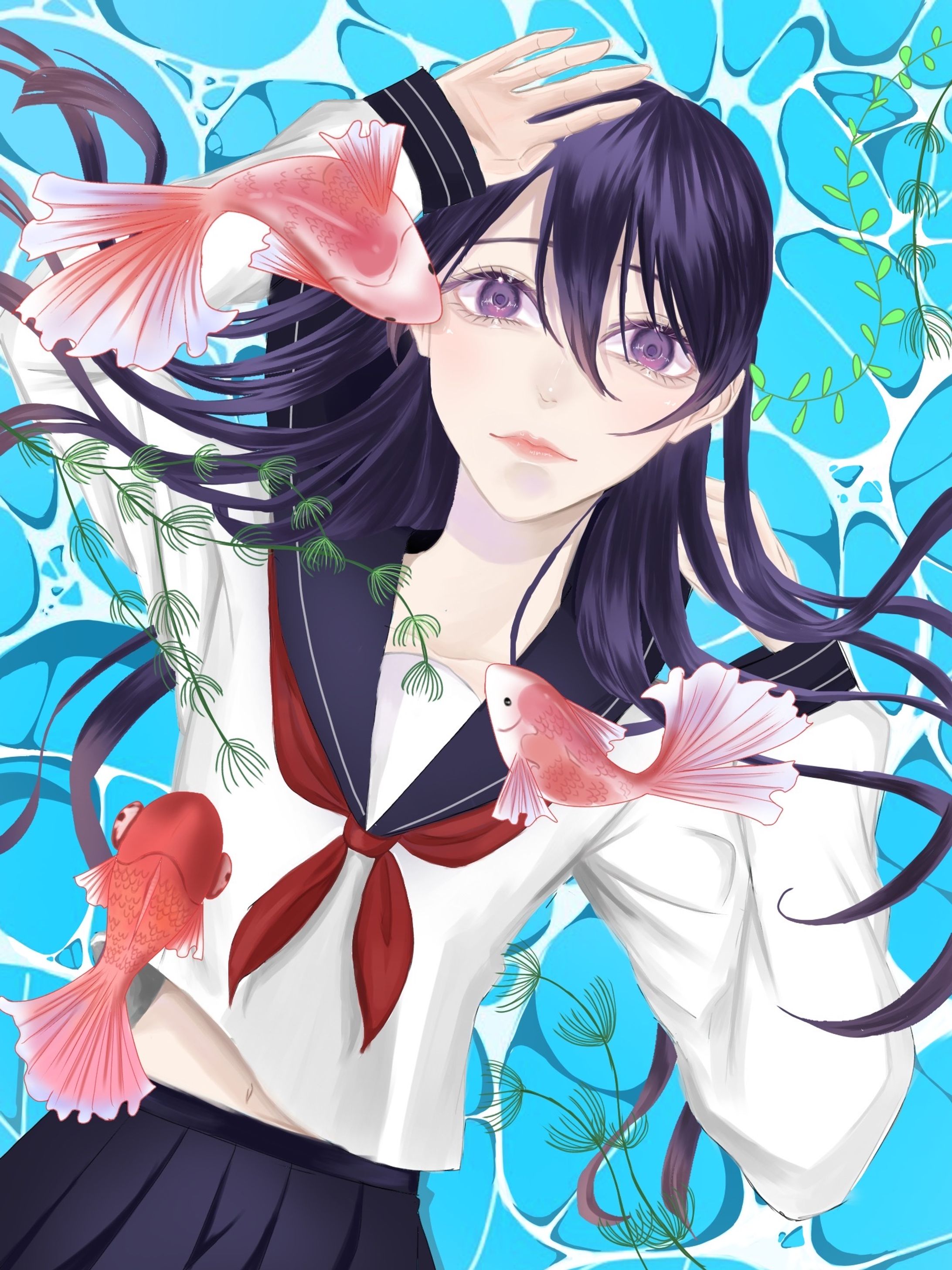 カラーイラスト　金魚との戯れ-1