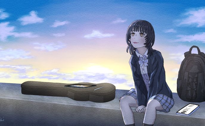 防波堤でギターを弾く
