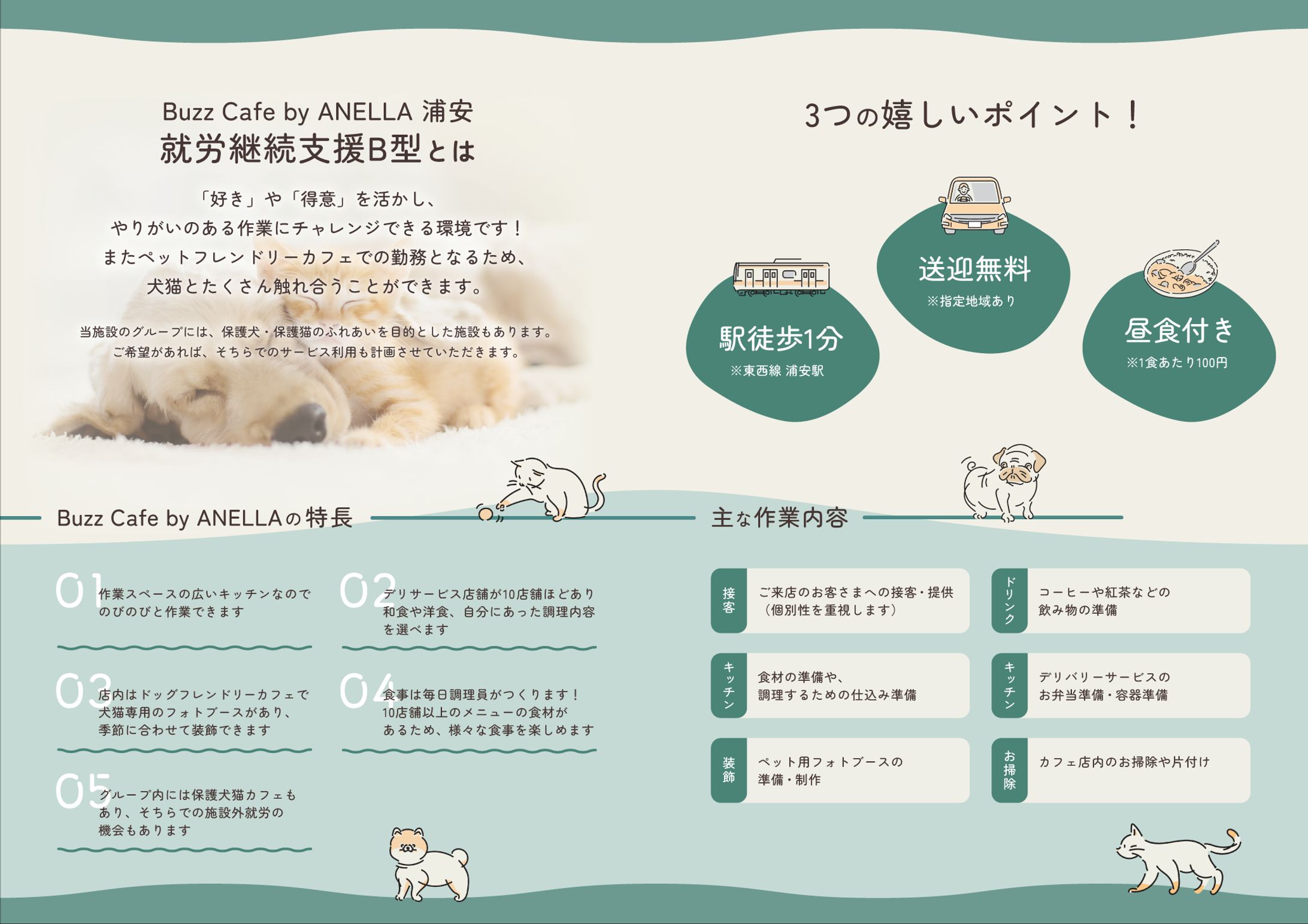 保護犬保護猫カフェ『Buzz Cafe by ANELLA浦安』就労継続支援B型パンフレット制作-1
