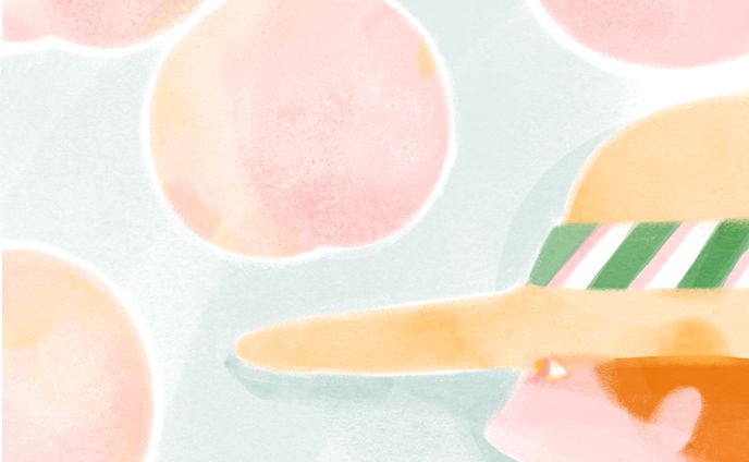 桃と麦わら帽子の女