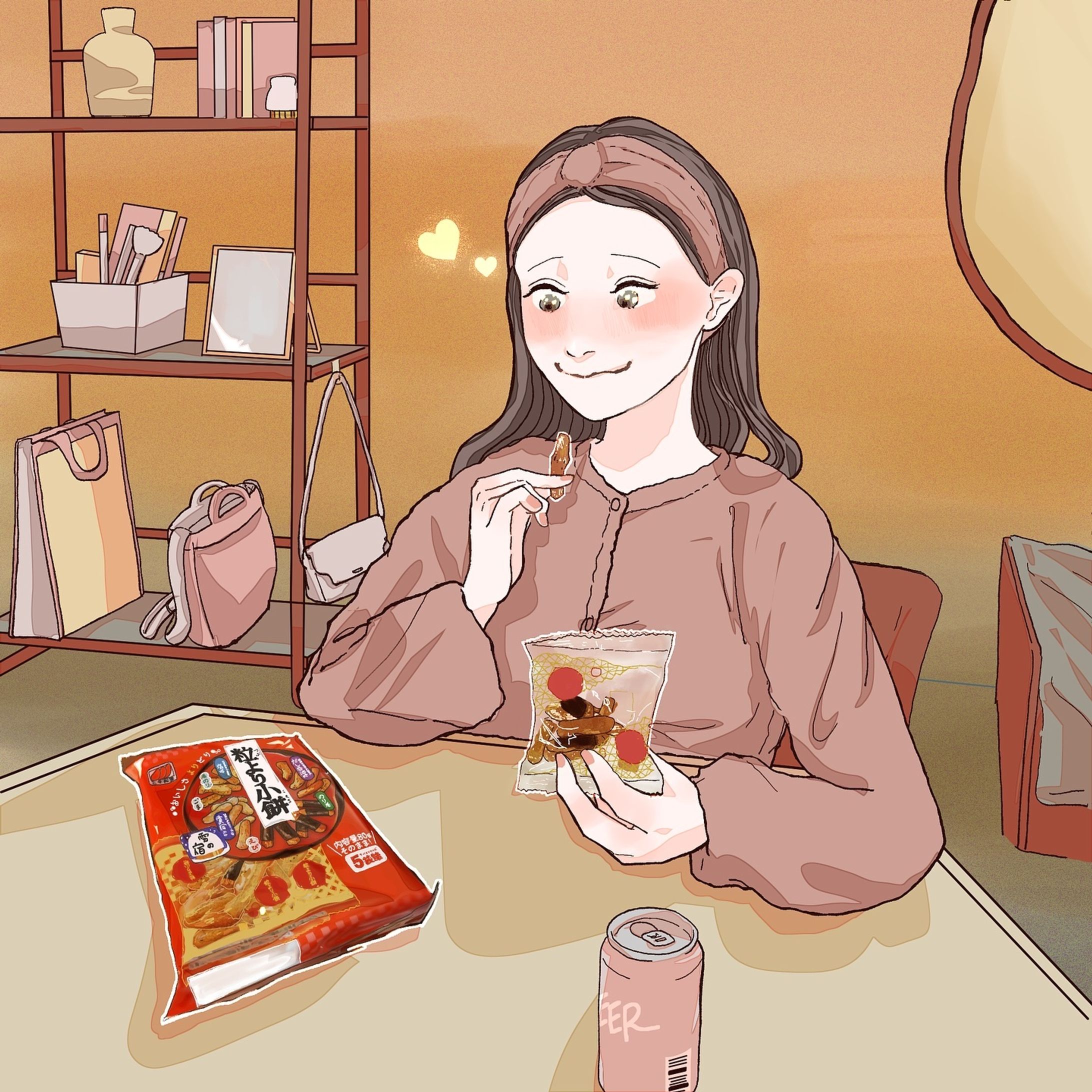 よりどりみどりの美味しいお菓子でご褒美タイム🍘🍺

三幸製菓様のPRイラストを描かせていただきました。

#PR
#粒より小餅 #三幸製菓 @sanko_formyself 
#sankoseika #ricecrackers #omotenashi #おもてなし #和ごころ #お茶請けにぴったり #おいしさよりどり #おつまみにもぴったり #自分の好きにお菓子と ＋α
#あられ #雪の宿 #海苔
#イラスト #ガールズイラスト #日常 #晩酌 #部屋着 #自分時間 #おいしい #artwork #illustration 
#DETEKURU #デテクル @detekuru 
#ドラマみたいな絵が描きたい-1