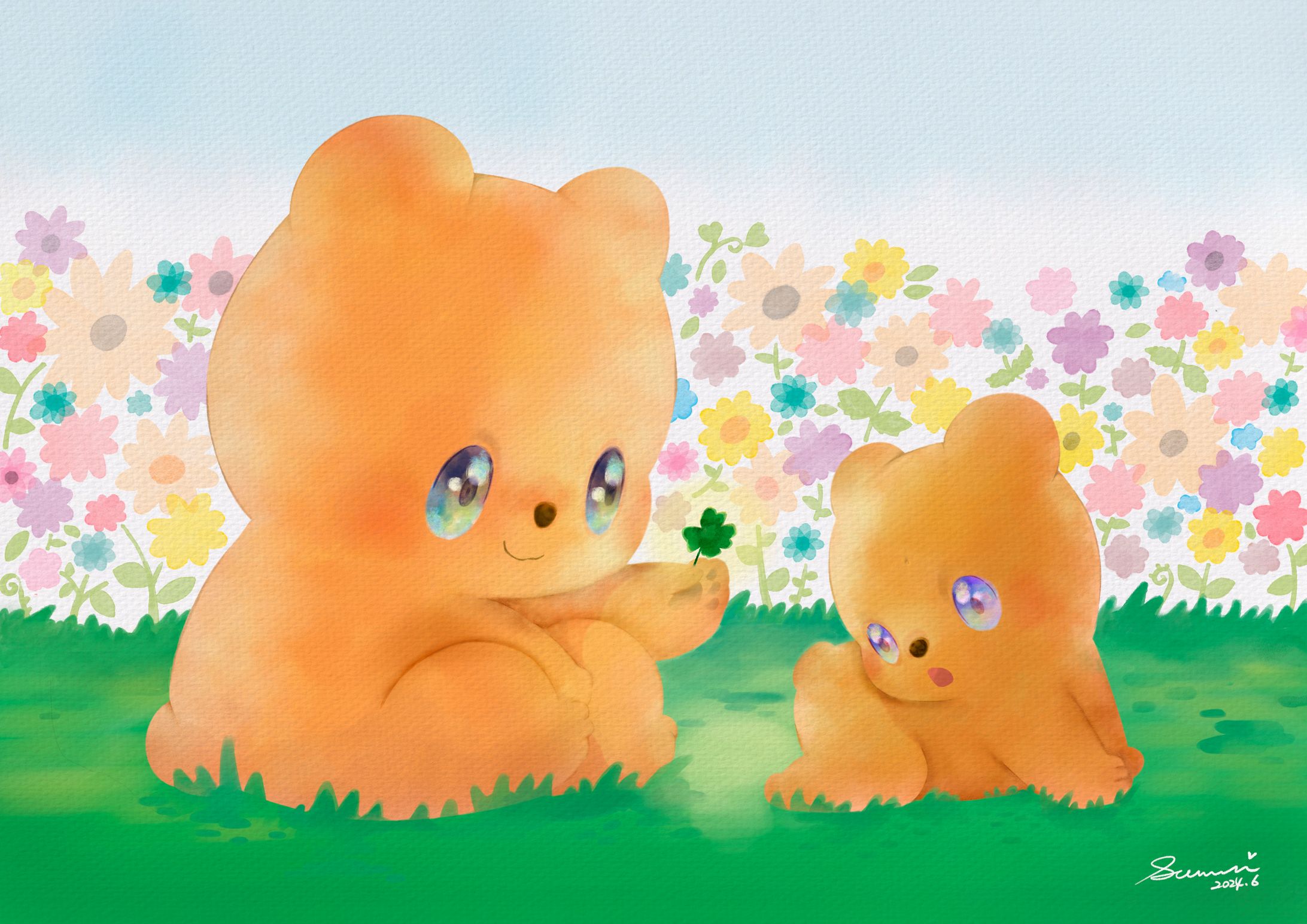 クローバーを目立たせる反対色の花を一面に クローバーを目立たせる反対色の花を一面に