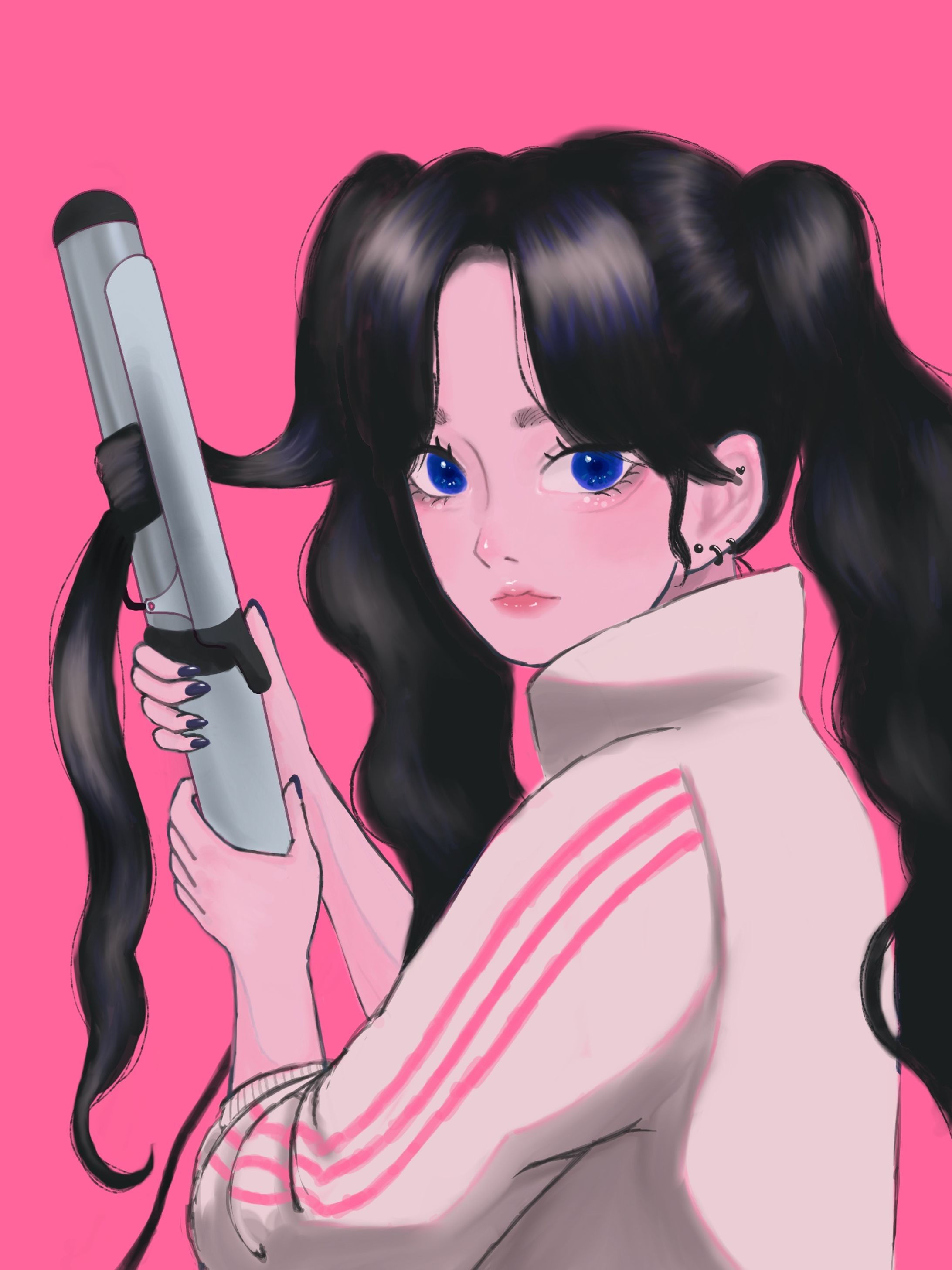 オリジナルイラスト：髪を巻く女の子-1