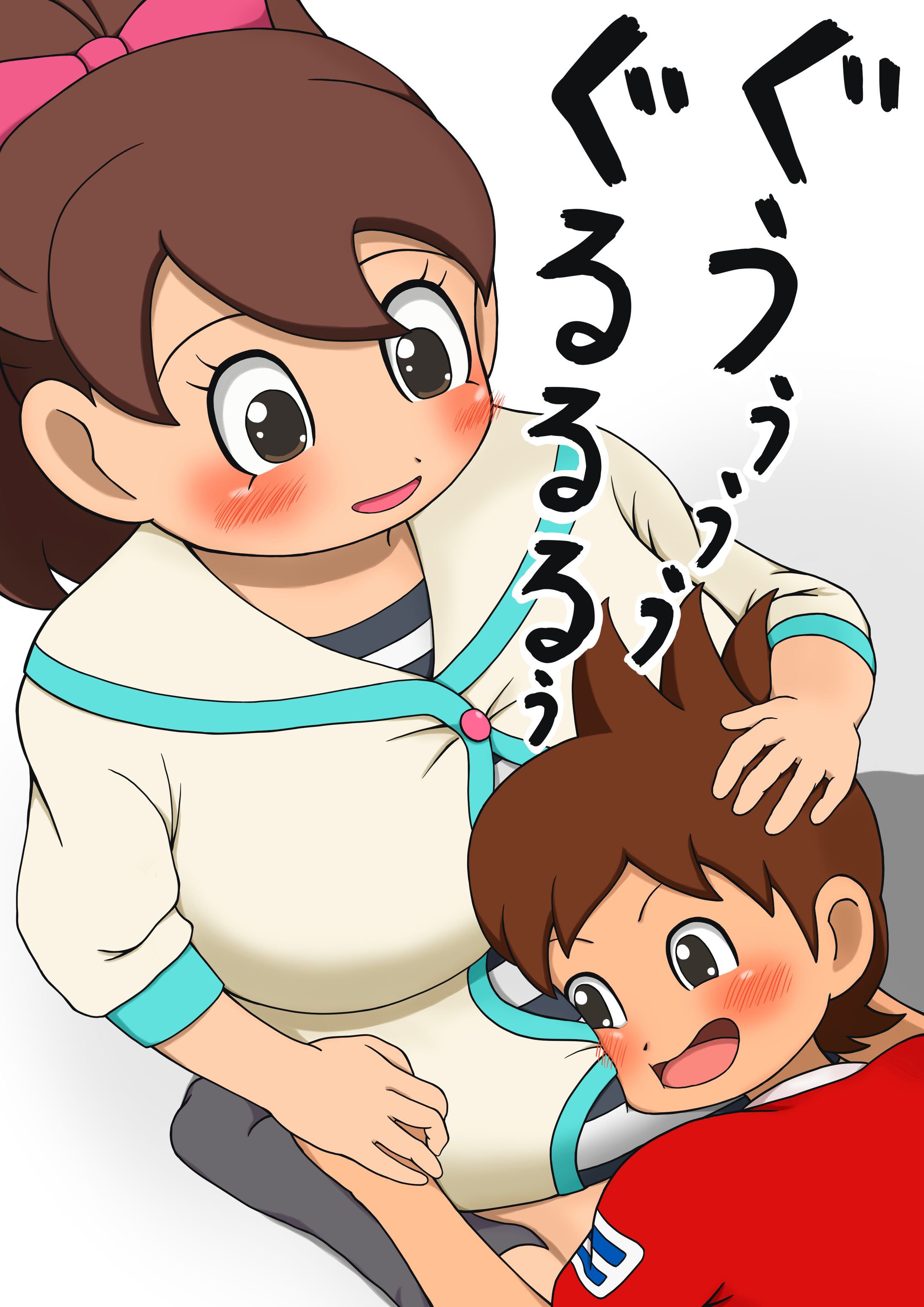 リクエストイラスト（巨乳化した木霊文花の腸蠕動音を聴く天野景太）-1
