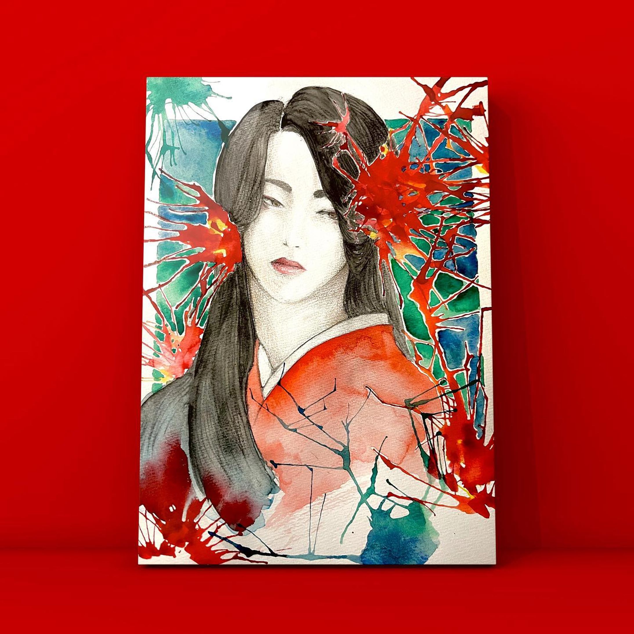 現在申請のためのポートフォリオ作成中です✏️
#art #artwork #japan #kimono #lady  #red #着物 #アート  #顔彩-1