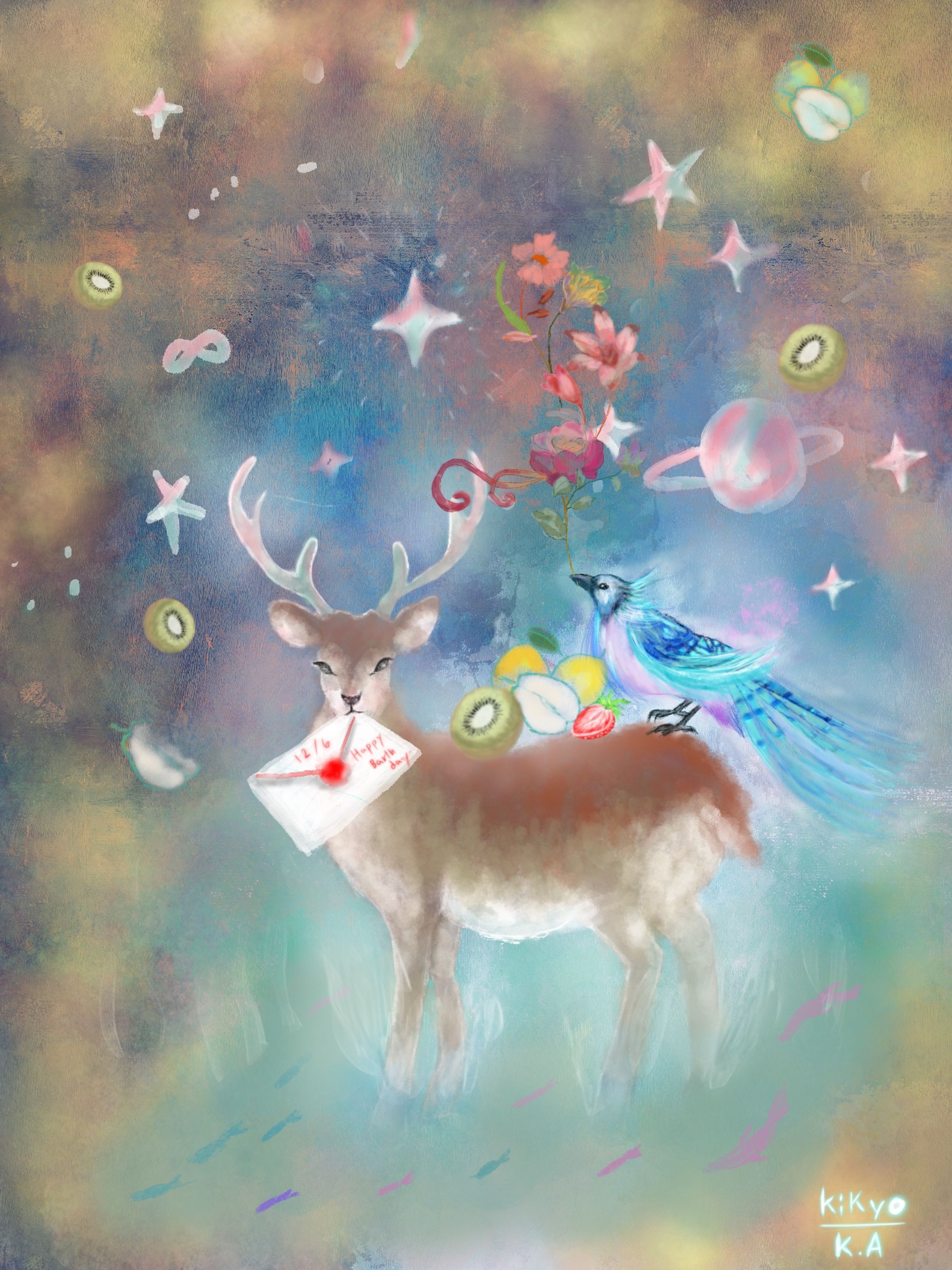 友達への手紙を加えた湯に浸る鹿  A deer soaked in hot water with a letter to a friend-1