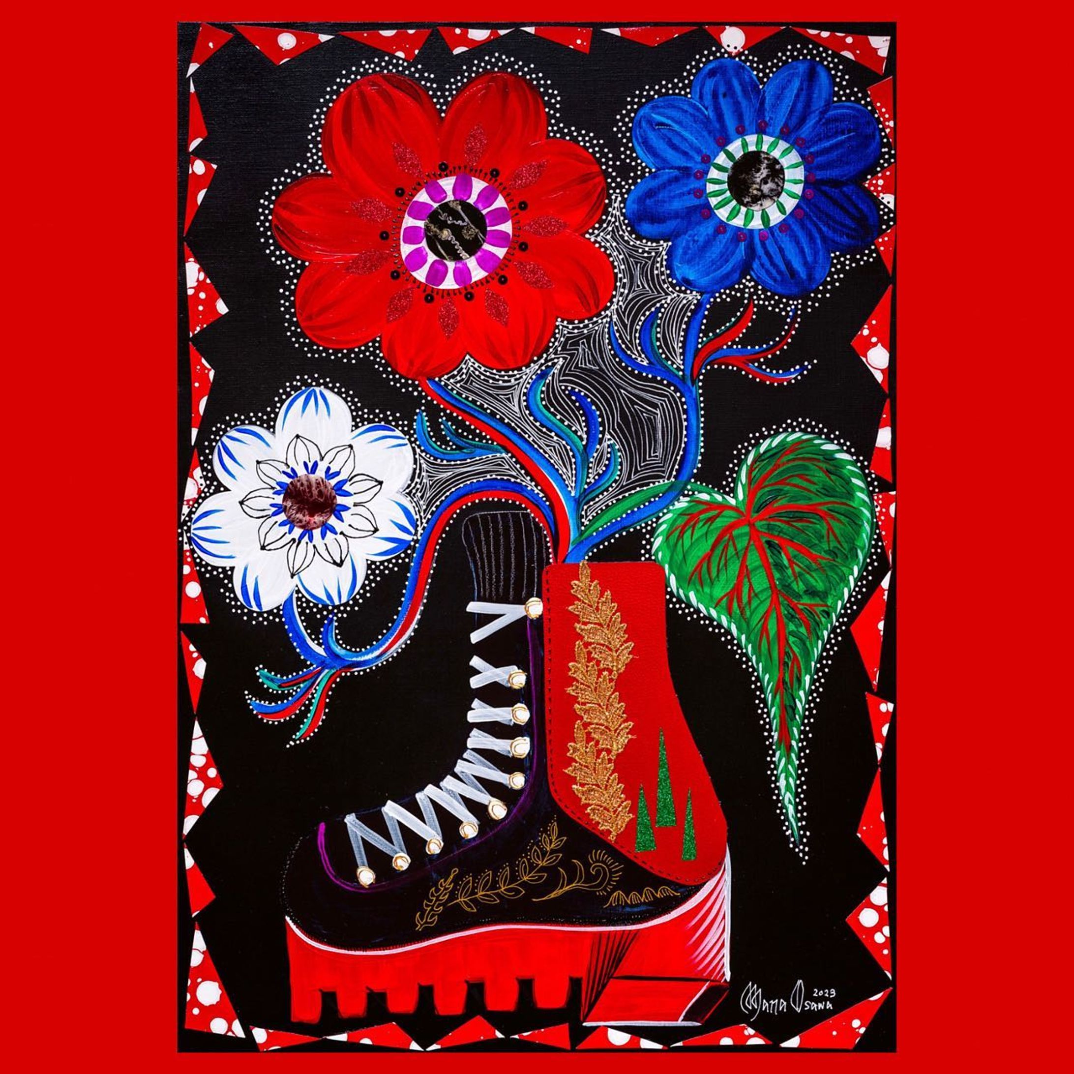 大沢愛個展「Rouge de Genesis」
会期：2023月1月21日（土）〜1月29日（日）
会場：Bunkamura Wall Gallery

素材にメタリックレザーを使用した新作♪個展出品作品です！

作品販売は20日24:00〜START‼️※本展では販売はオンラインストアからのみとなります。https://manaosawa.stores.jp

#大沢愛 #manaosawa #artcontemporain #modernart #artcollector #artgallery #acrylicpainting #painting  #collageartwork #illustration #artstagram #artlovers #visualart #contemporaryart #colorful  #mixedmedia #ミクストメディア #绘画 #当代艺术 #現代アート #현대예술 #アートコレクター#naiveart #selftaughtartist #Fauvism #womanartists #アネモネ #anemone #primitive #bunkamuragallery-1
