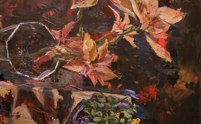 2020 2月　萎れてきてるポインセチアと元気なパンジー