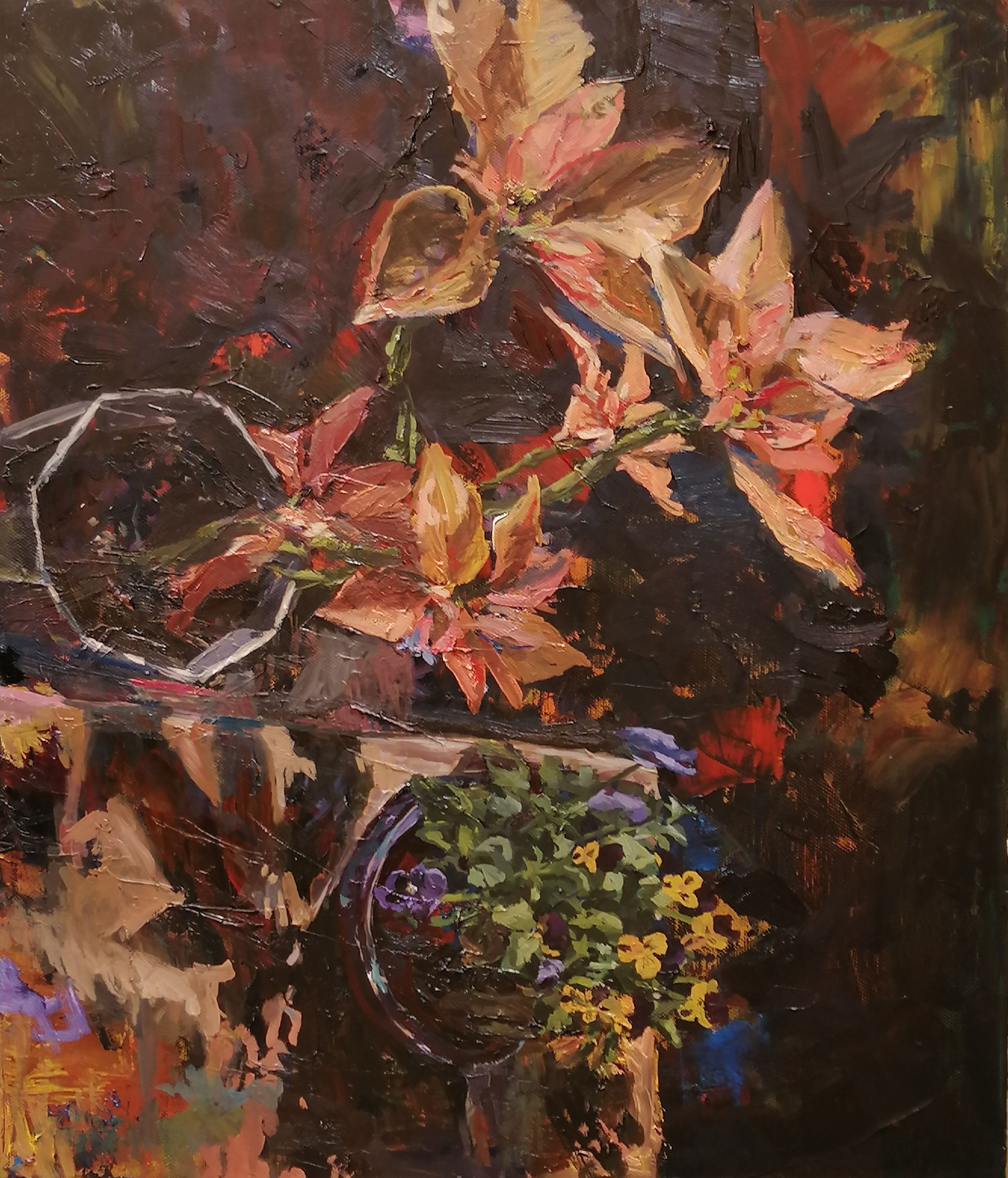 2020 2月　萎れてきてるポインセチアと元気なパンジー-1