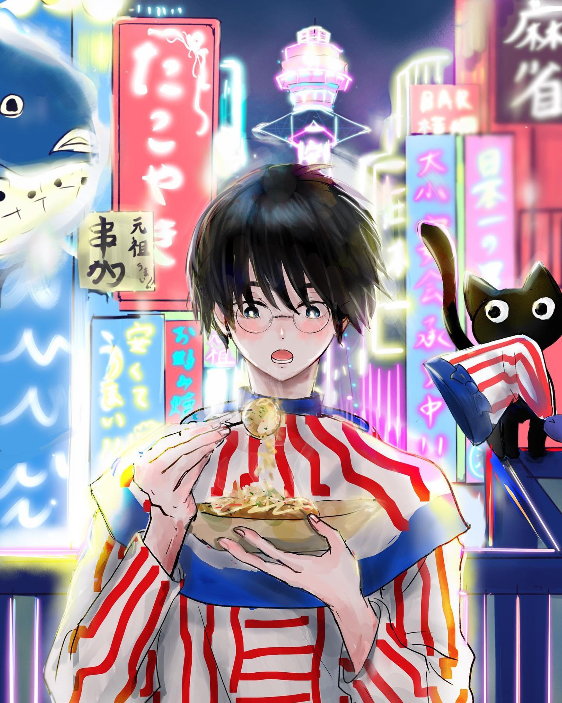 リクエスト絵
《テーマ》大阪

《説明》
道頓堀でくいだおれ太郎のコスプレバイトした後だけど、通天閣でたこ焼き食べる🤤🐙

こないだお題募集させていただいた時のリクエスト絵、描かせていただきました。
楽しかった☺️だいぶ自由に描いちゃった、、。街並みも自由に配置しちゃいました。現地の方々から見るとツッコミどころ満載かもしれません💦
いのちの輝き君も描きたかったのですが、コテコテしすぎるかと思って我慢しました。

楽しいお題いただきありがとうございました🥰

いただいた他のお題もどう描こうかワクワク準備中です。時間かかっちゃうと思うのですが、見ていただけると嬉しいです☺️✨

ひとりごと🙃
大阪、数年前に行ったっきりで行けてません。その時はじめての1人大阪で少し緊張してたのですが宿をとった近くのご飯屋さんの方がとってもいい方でご飯が美味しくて、大阪ならではの美味しいご飯屋さんに足を運びつつつも、そのお店に沢山お邪魔したのを覚えています。本当は去年行く予定あったのですが、自粛の影響で予定がキャンセルになってしまいました。また絶対行くぞ✨その時にあの時のご飯屋さんにまた行きたいです。

#osaka-1