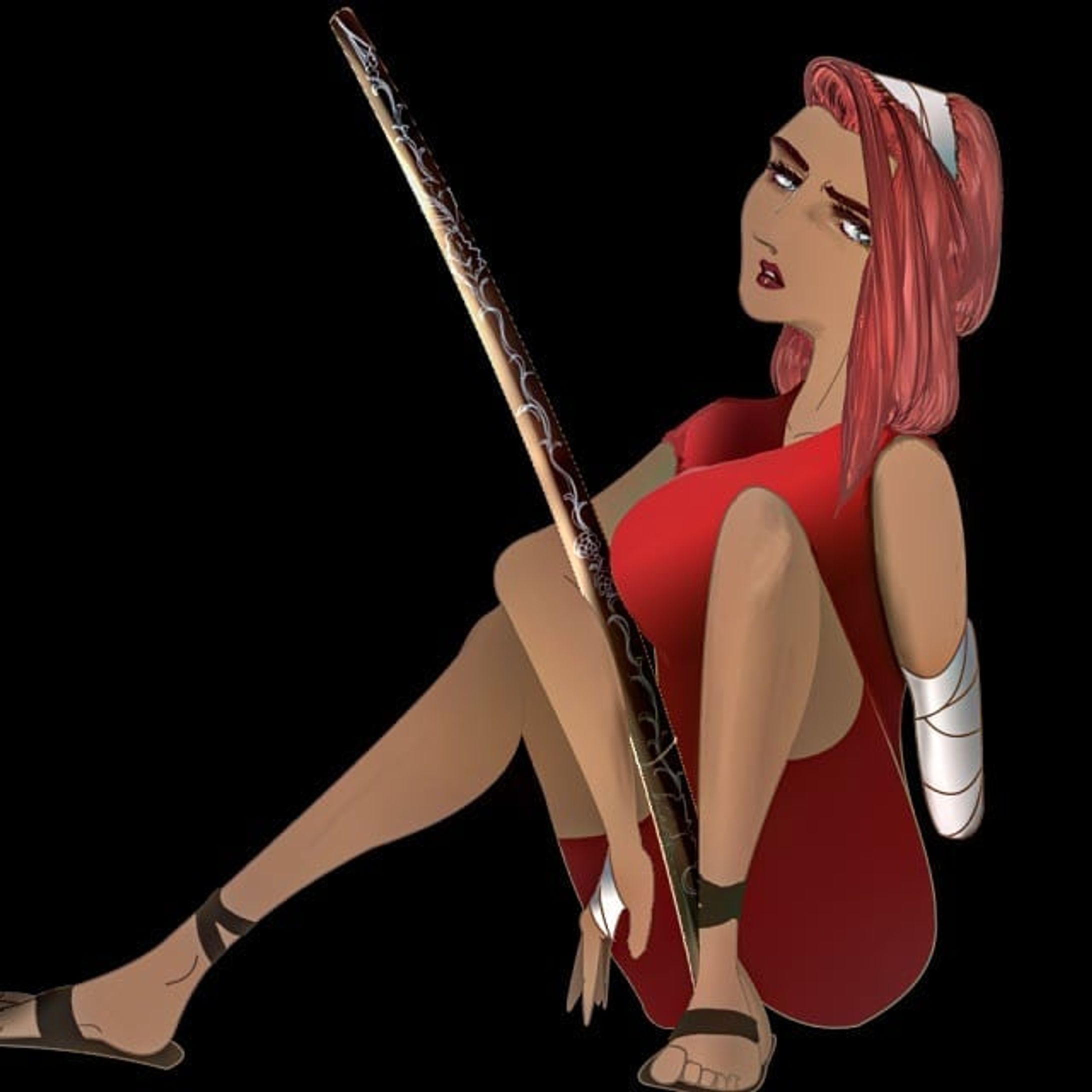 20210906.#英雄クロニクル
十周年記念サブNPCコンテストに初挑戦。とことんシンプルな塗りに抑えました。ハイライトとシャドウはぜーんぜんつくれる気がしませんが、パーツ毎に囲ってからグラデーションをああでもねえこうでもねえと試し置きしてみれば、コレジャナイかコンナカンジかが、ナントナク見分けつくらしいときづきました。

マッカ連邦王国「0m08・奇蹟の泉」　負傷者
「チッ……」剣を取れぬように見えたとしても彼女を甘く見ないほうが良い。彼女の舌打ちは、彼女の亡き友が憧憬のまま彫り進めた鞘の蔓植物に魔力を芽吹かせ、仲間達の士気を高めるからだ。
**************************************************
10周年おめでとうございます！

AUCが無かったら、
絵を人様に見せる事は無かったし、
ましてや液タブを買う事など絶対に無く、
後半人生ビミョーにつまらないままだったに違いないので、
此処まで存続させてくださった
関係者の皆様と先輩ユーザー様方に
心より感謝申し上げます。
#ごりごりごりっと芯減らし訓練 #originalcharacter　#ARTISULd16pro #clipstudiopaintpro 
#amateurillustration #digitalillustration-1