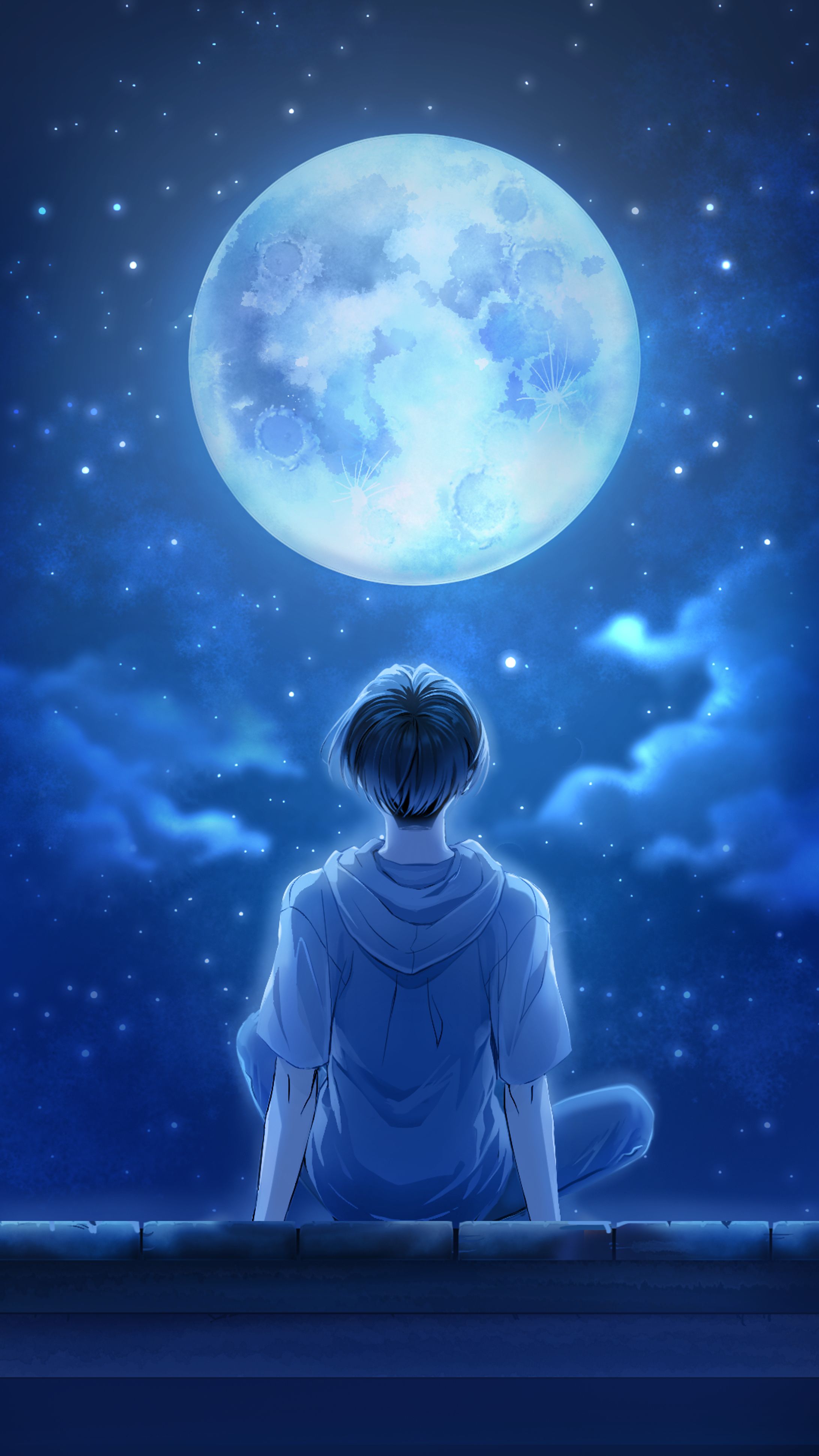 青い月とキャンパーの男性※ご依頼-1