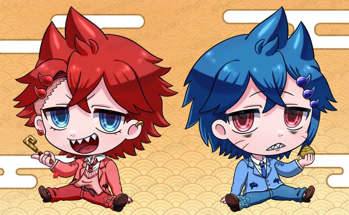末吉餅様 店頭販売グッズ用イラスト『狛狐兄弟イチコ&ニコ』